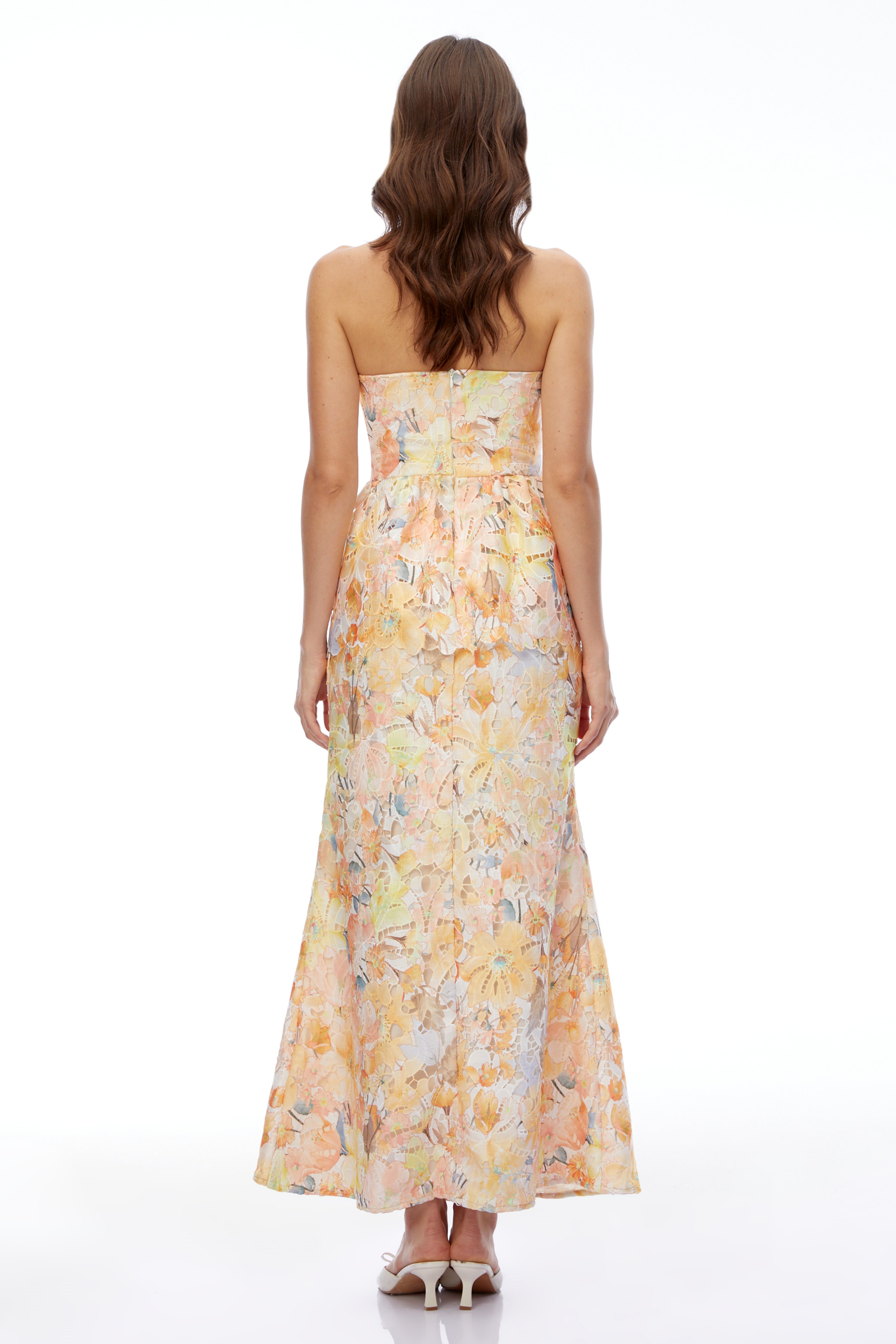 Celeste Orange Floral Strapless Peplum Maxi Dress