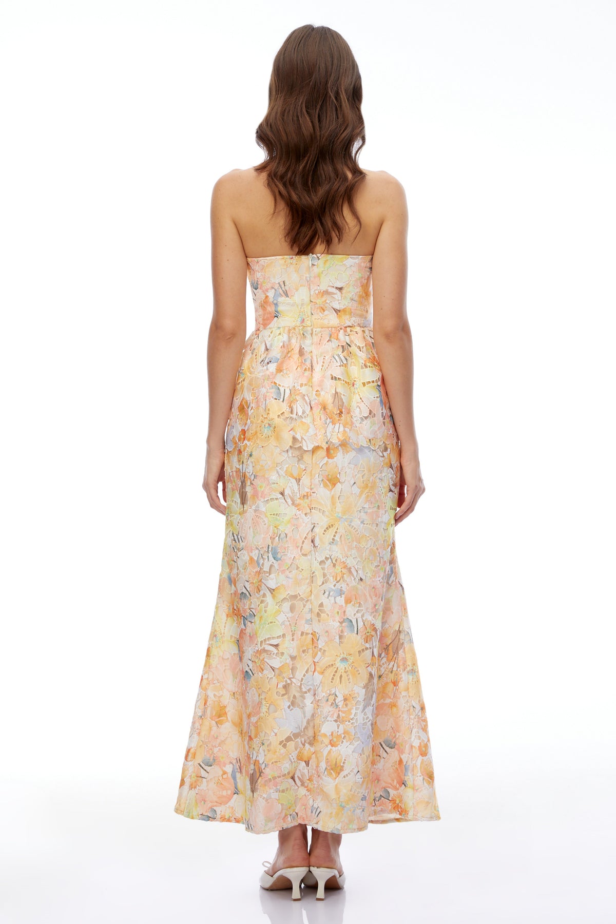Celeste Orange Floral Strapless Peplum Maxi Dress