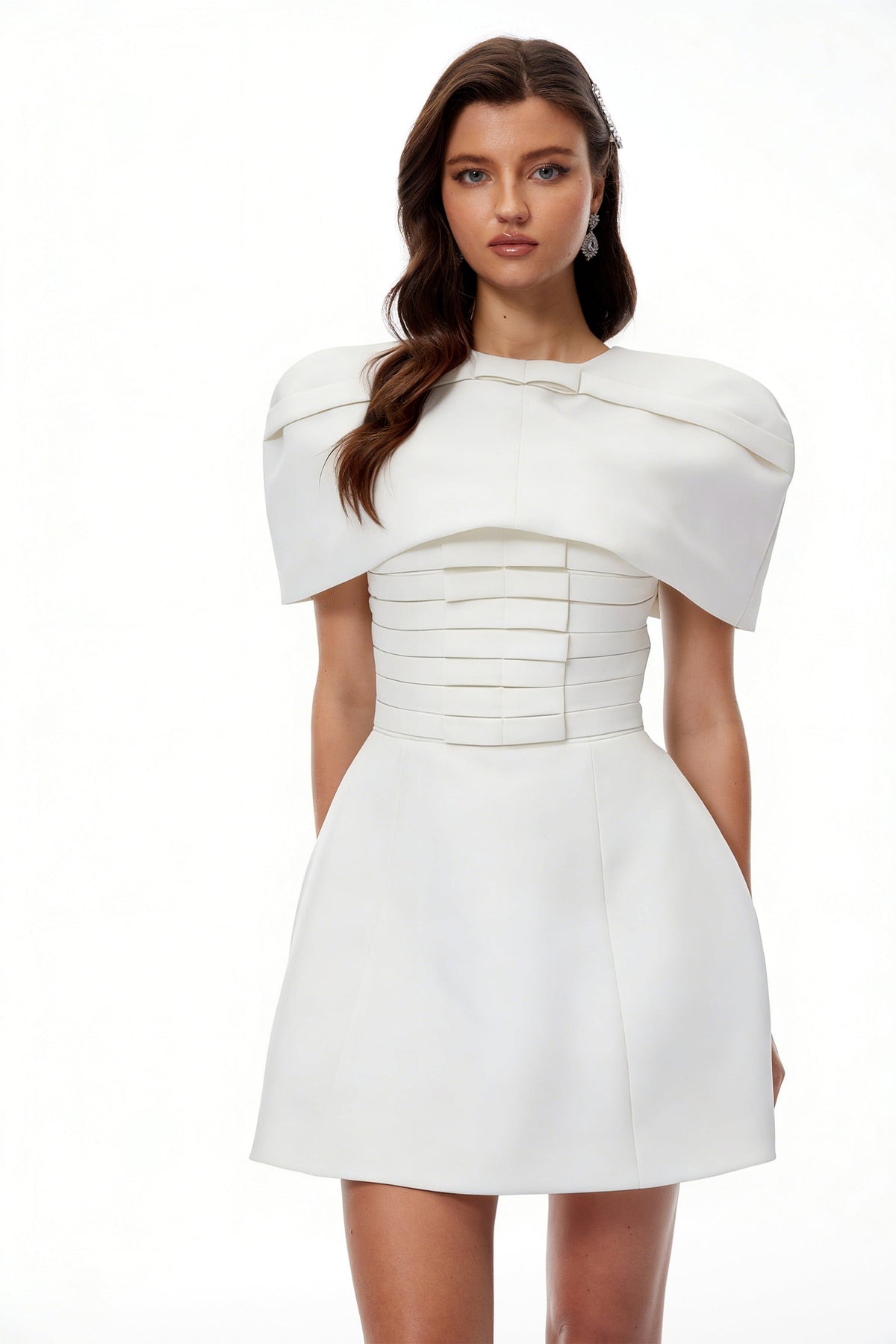 Celía White Cape Design Flared Mini Dress