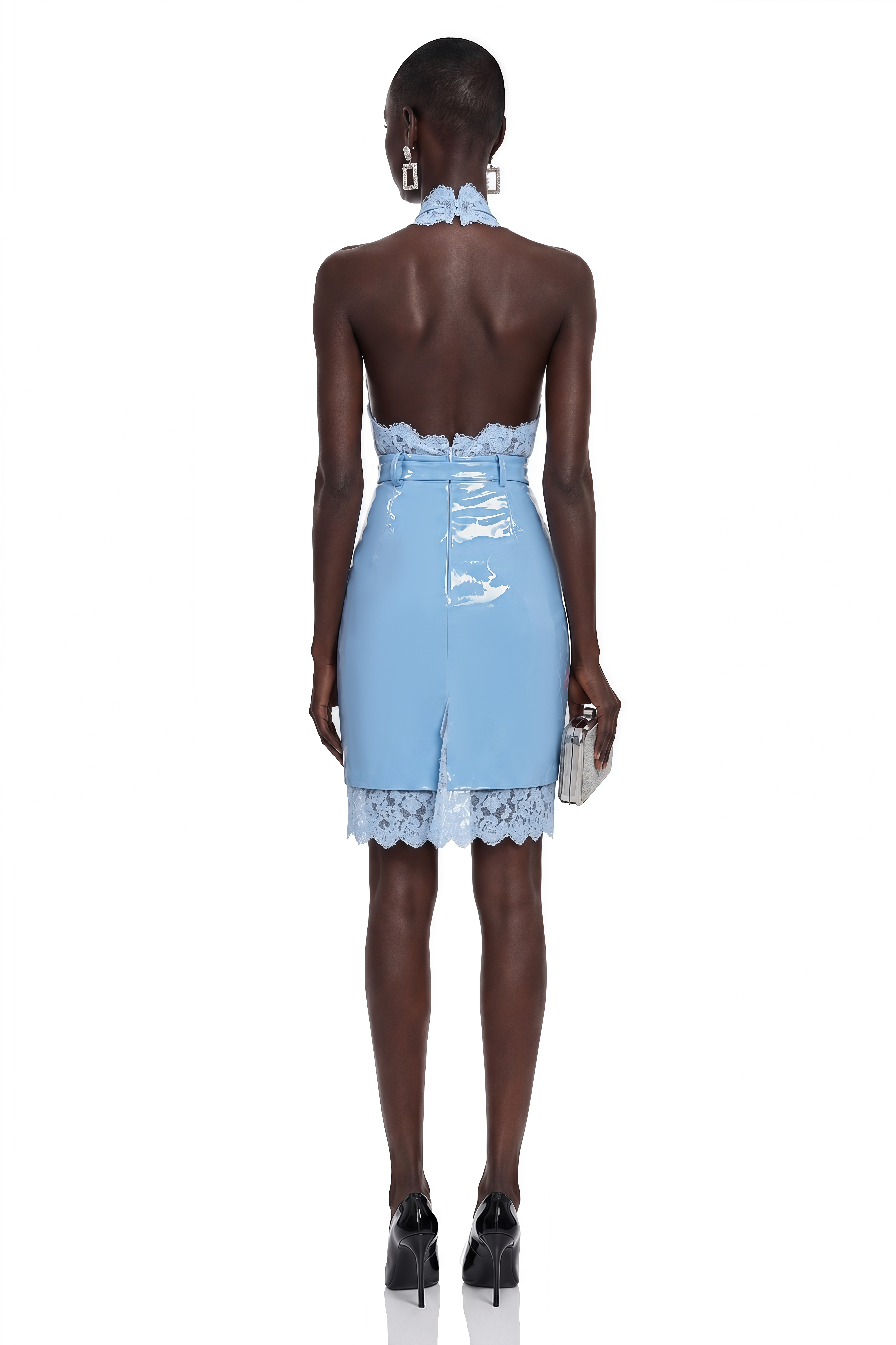 Cennet Blue Plunge Neck Lace Bodysuit & Skirt Set (Without Belt)