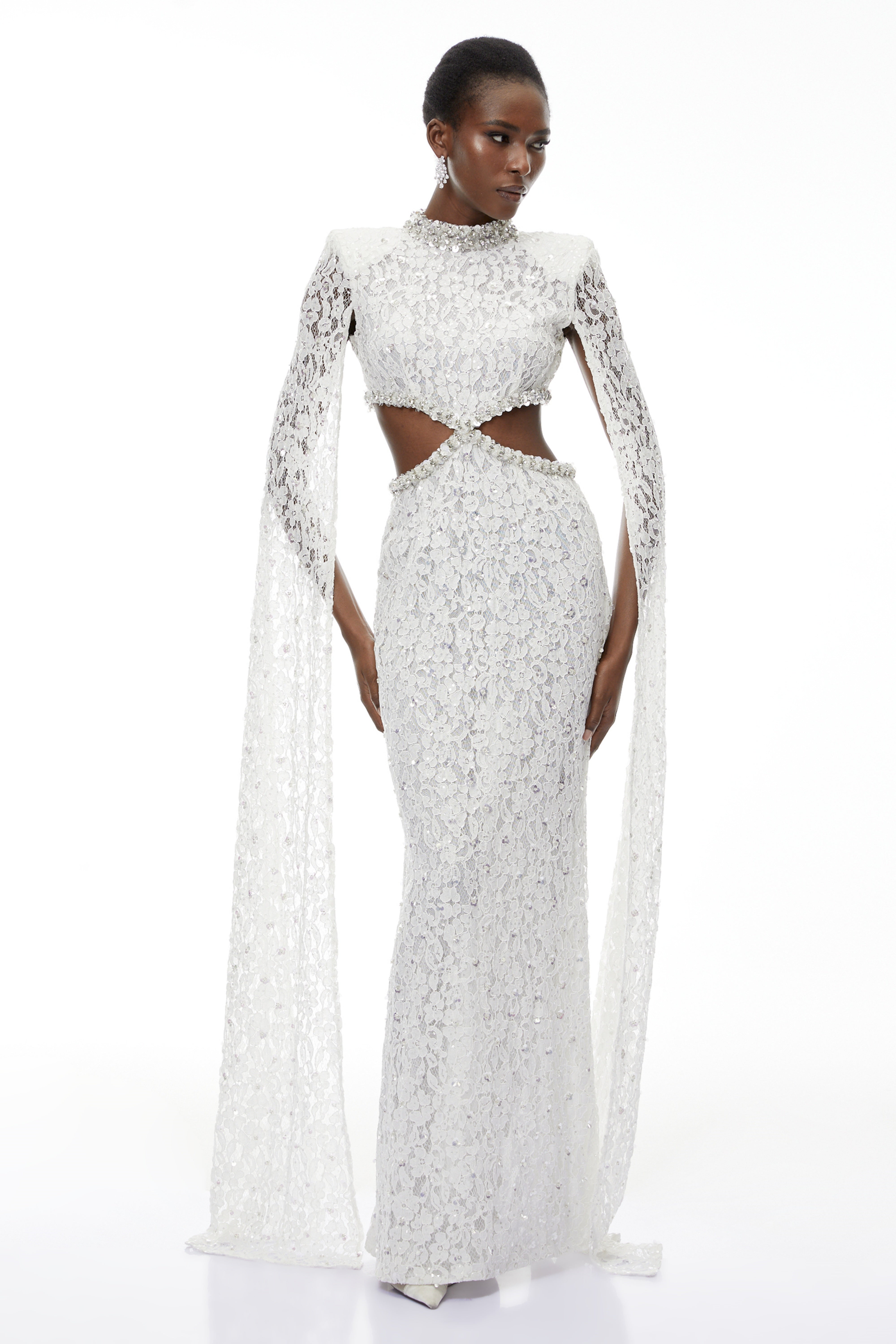 Chakame White Embellished Lace Maxi Dress