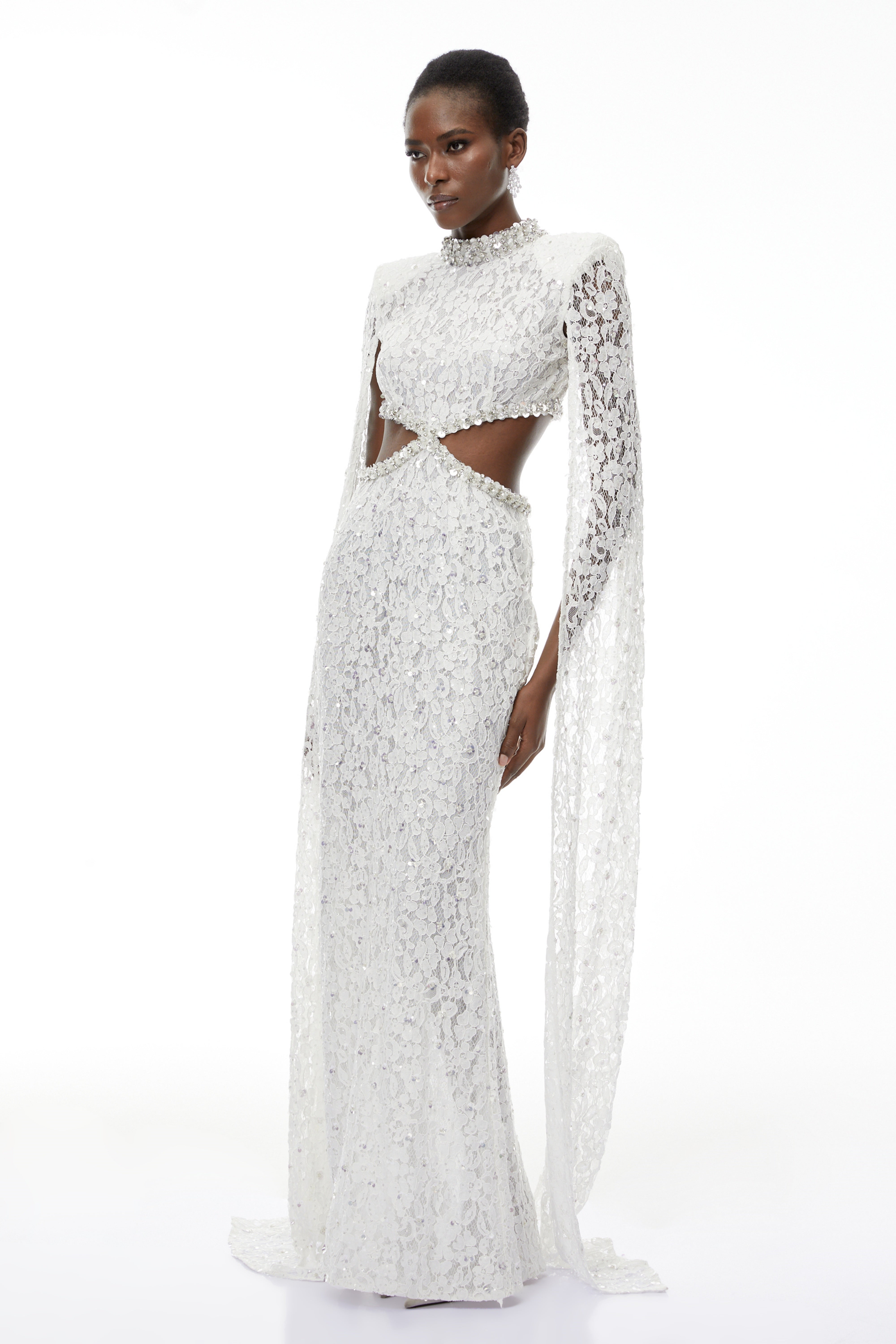 Chakame White Embellished Lace Maxi Dress