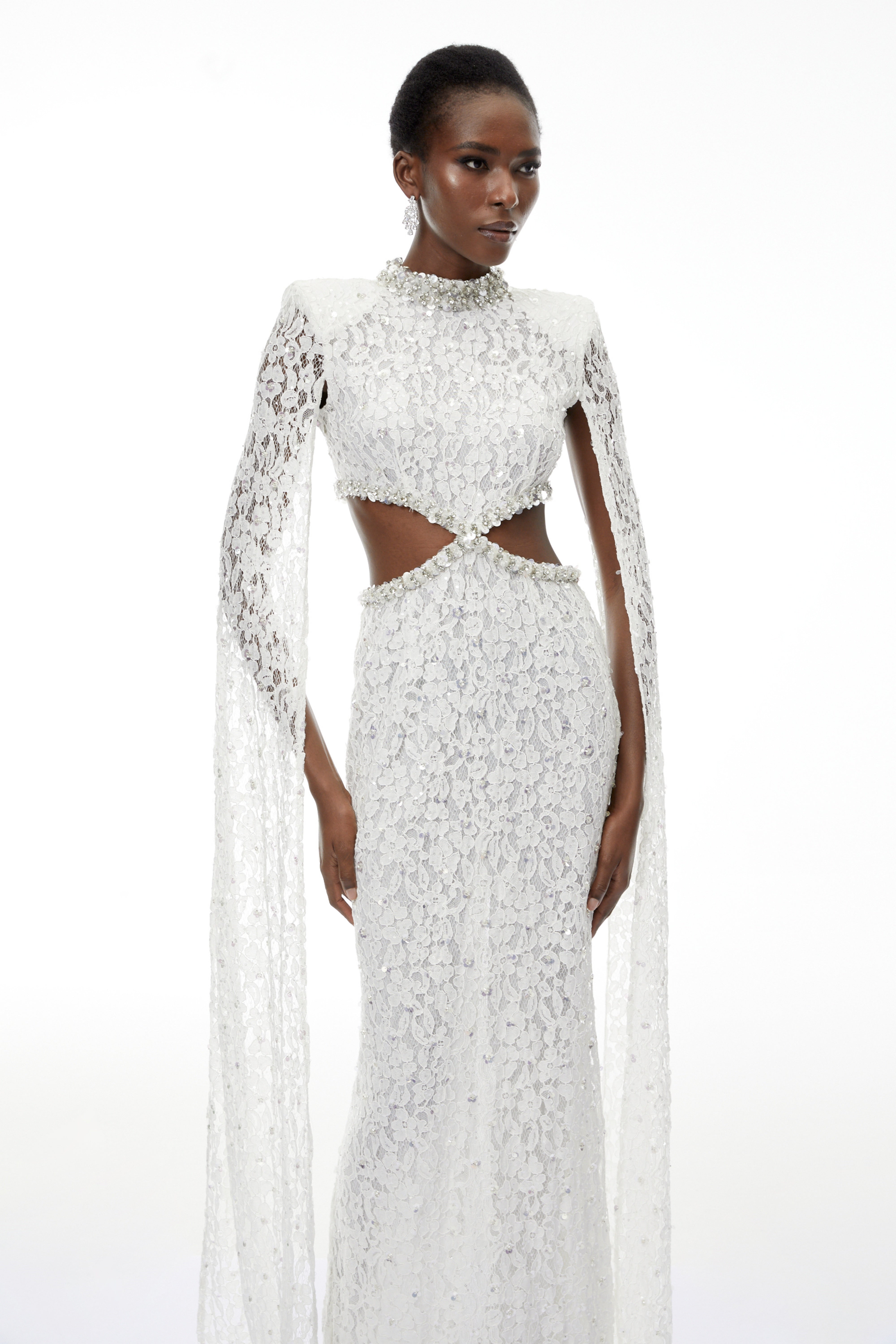 Chakame White Embellished Lace Maxi Dress