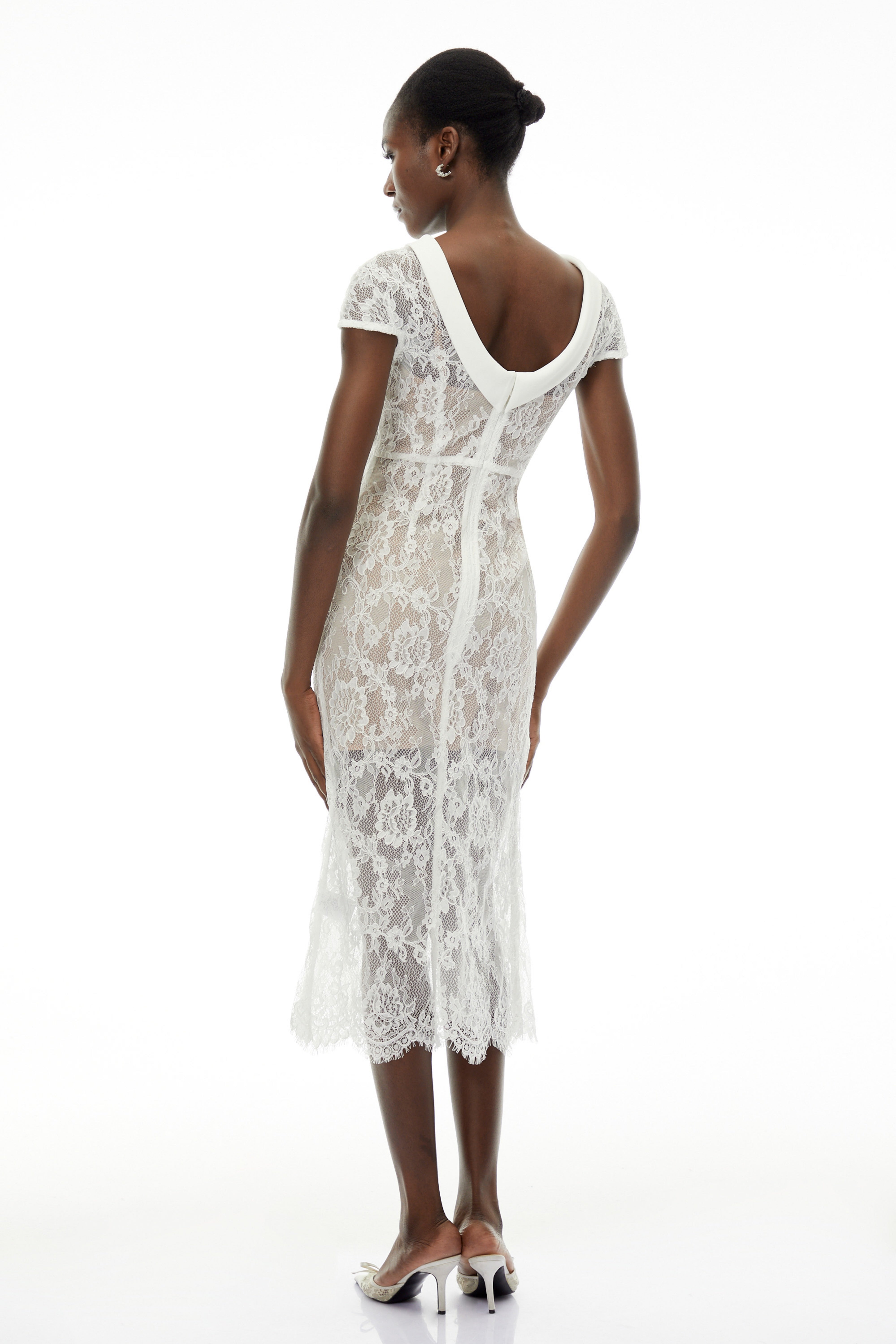 Chantal White Round Neck Floral Lace Midi Dress (Final Sale)