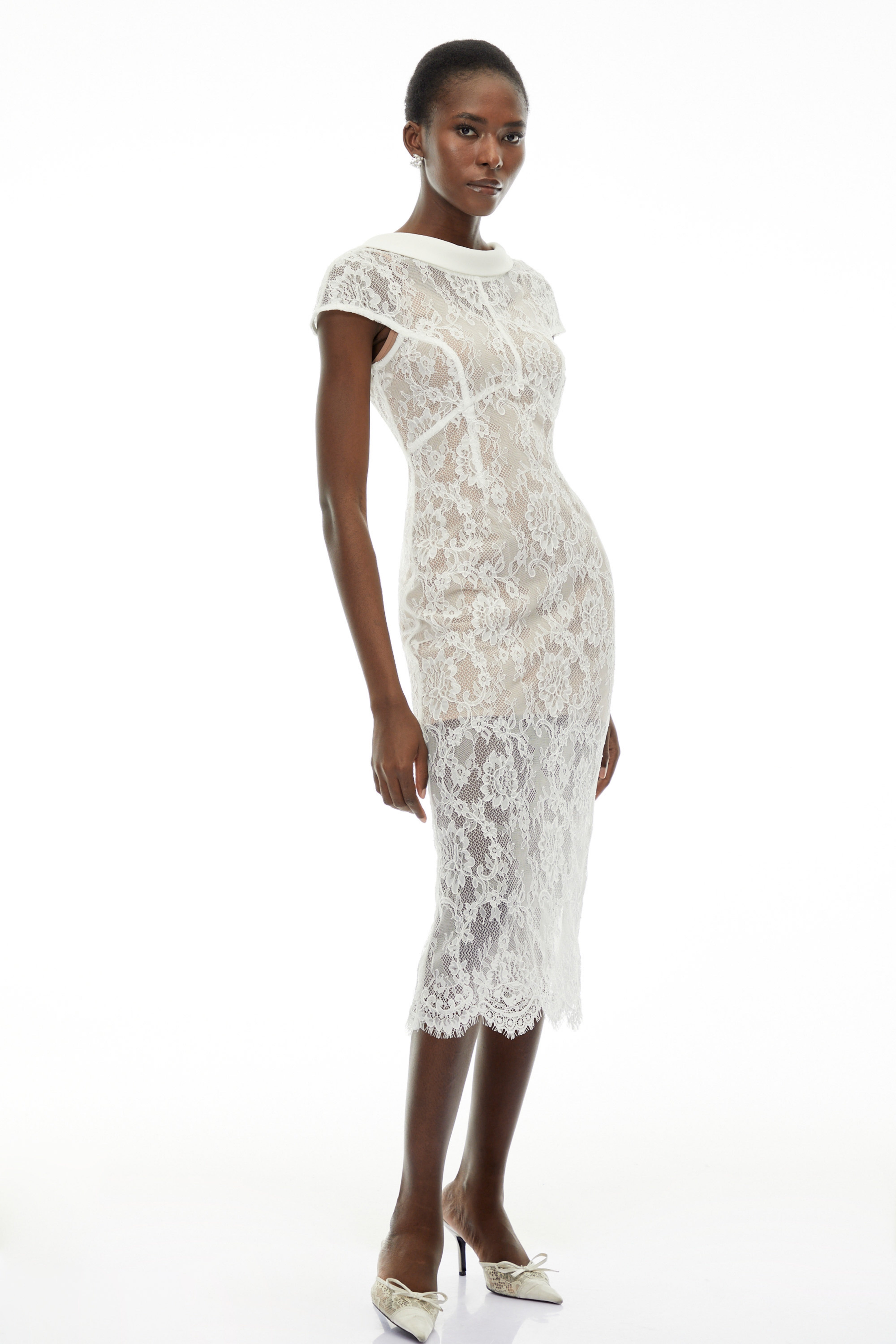 Chantal White Round Neck Floral Lace Midi Dress