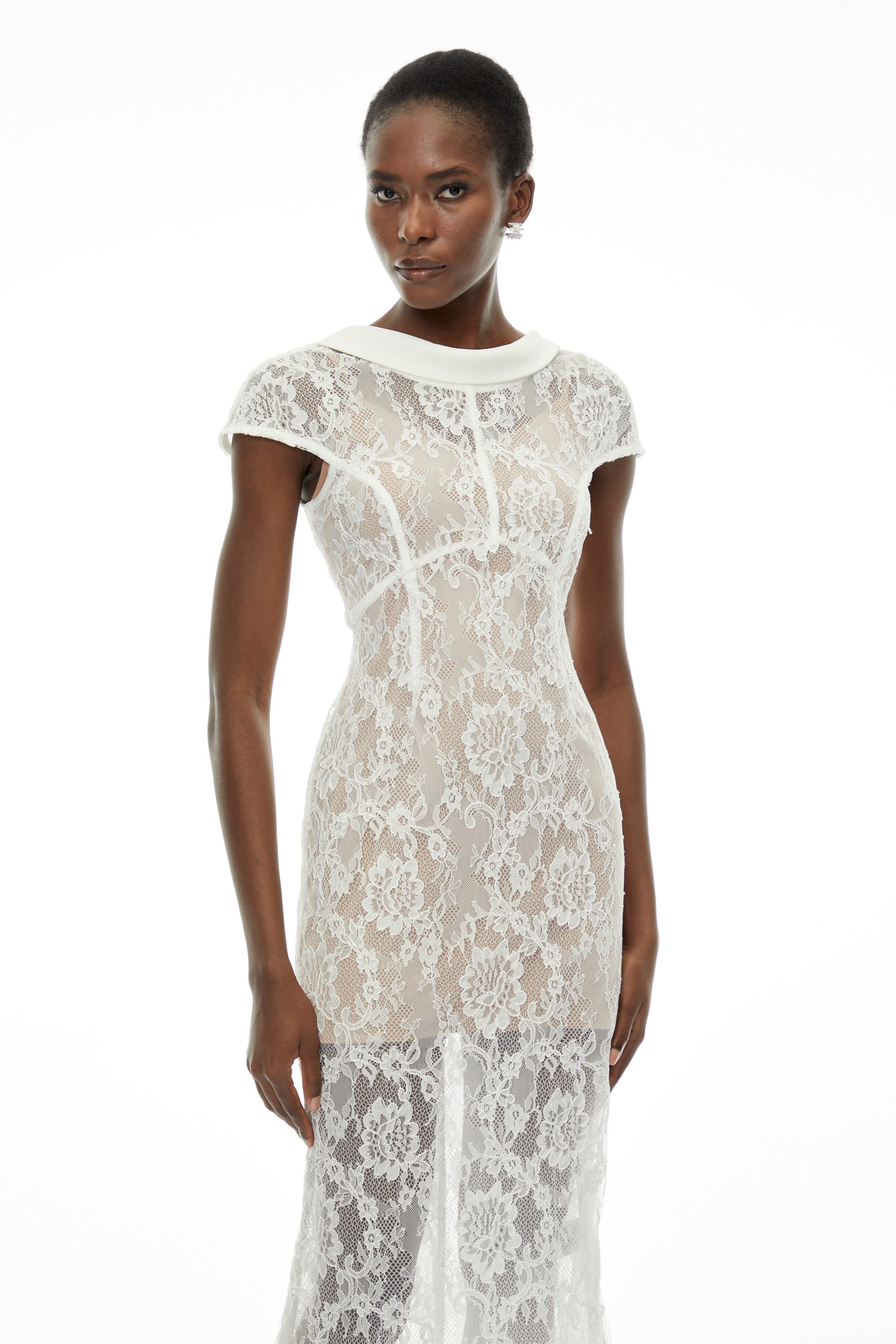 Chantal White Round Neck Floral Lace Midi Dress