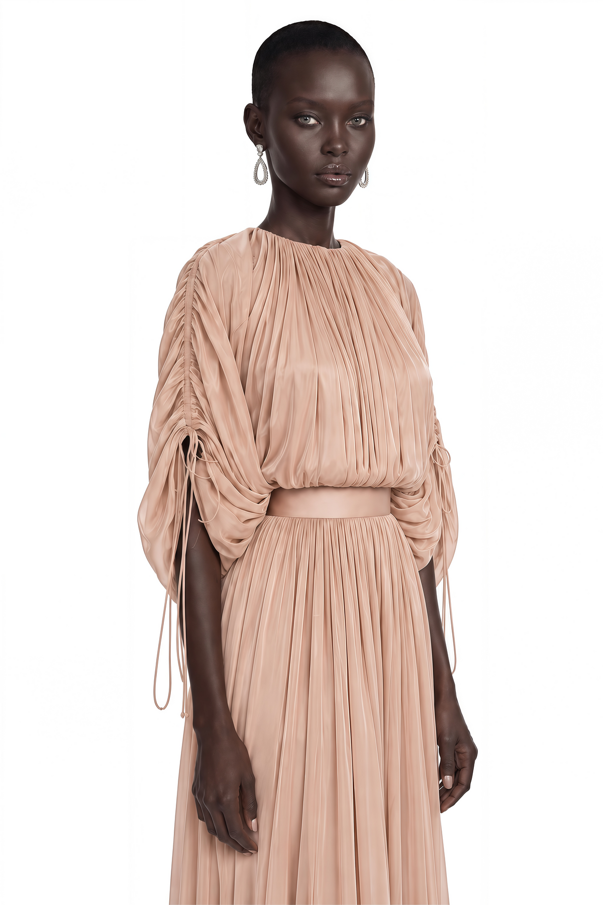 charitina neutral fully pleated blouse & skirt set