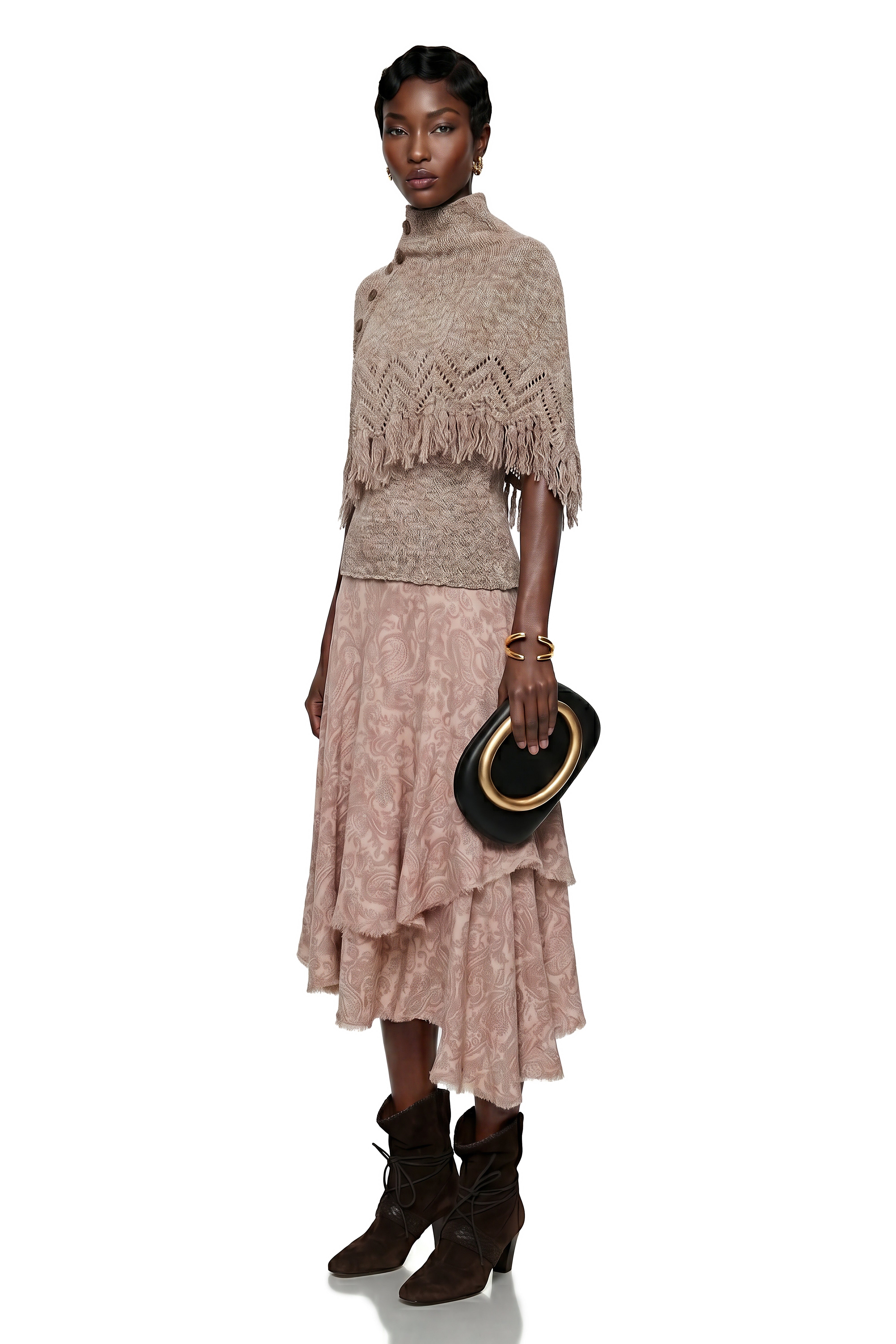 Charlie Khaki Fringe Asymmetrical Cape Sweater