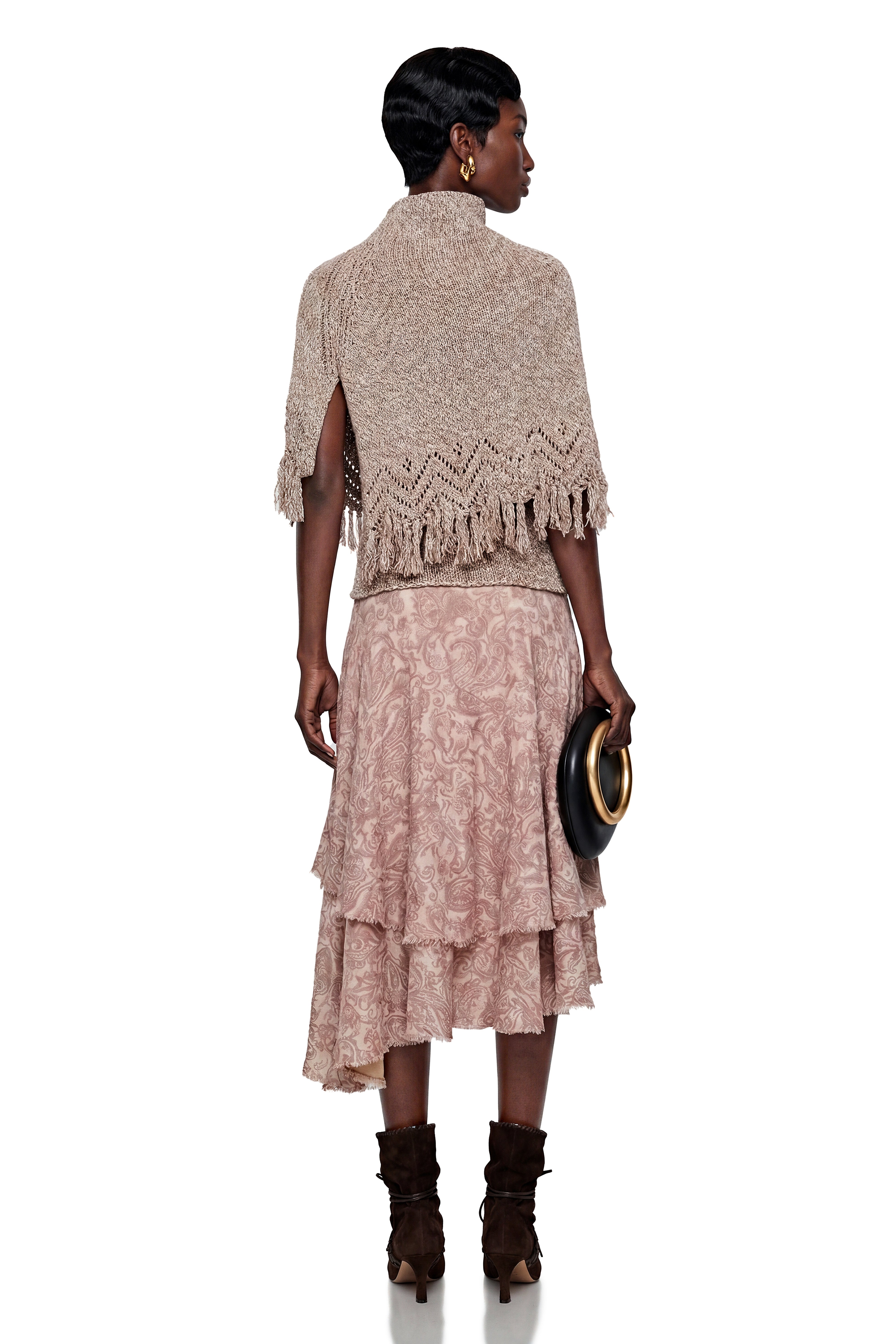 Charlie Khaki Fringe Asymmetrical Cape Sweater