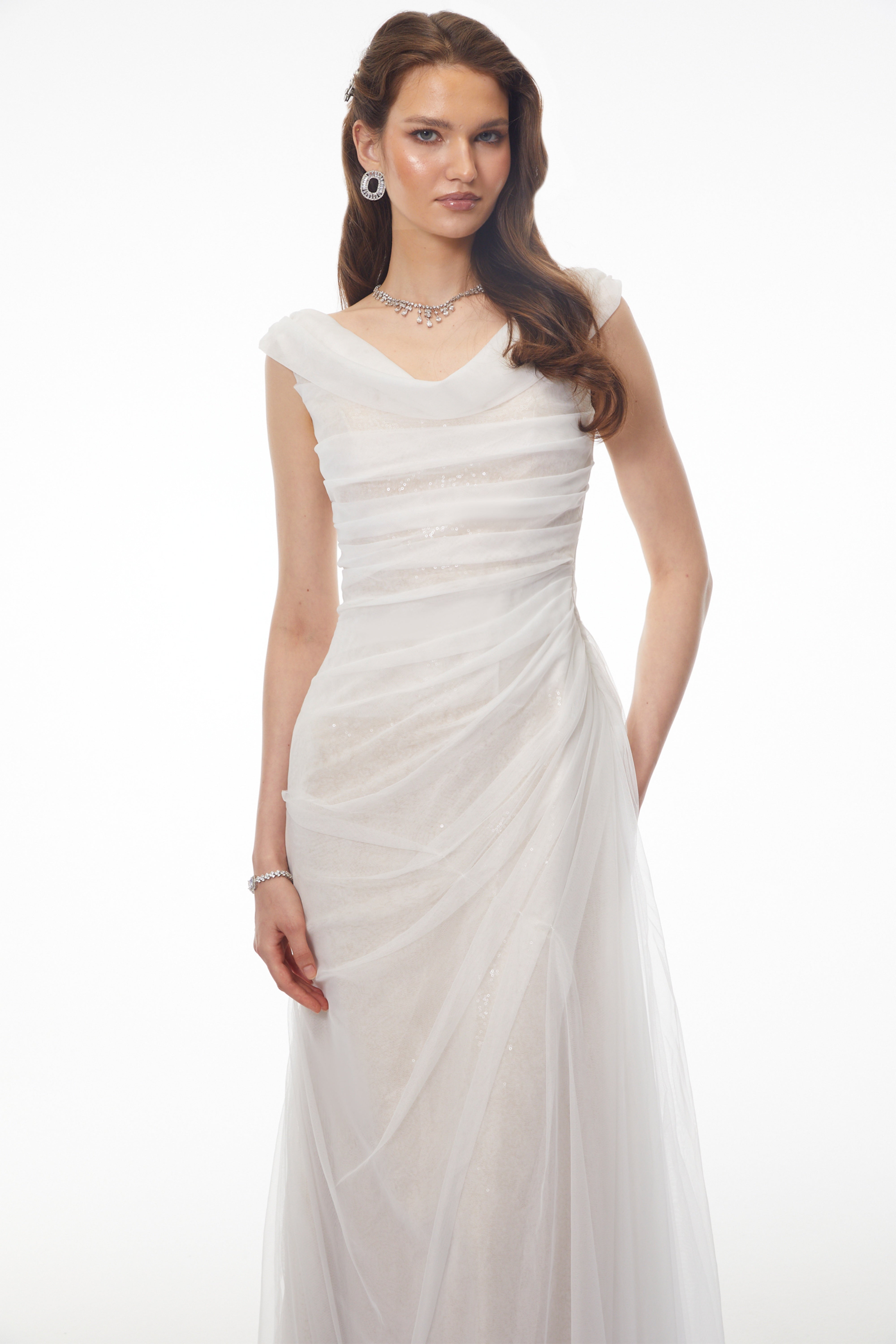 Maria White Off Shoulder Ruched Fishtail Maxi Dress