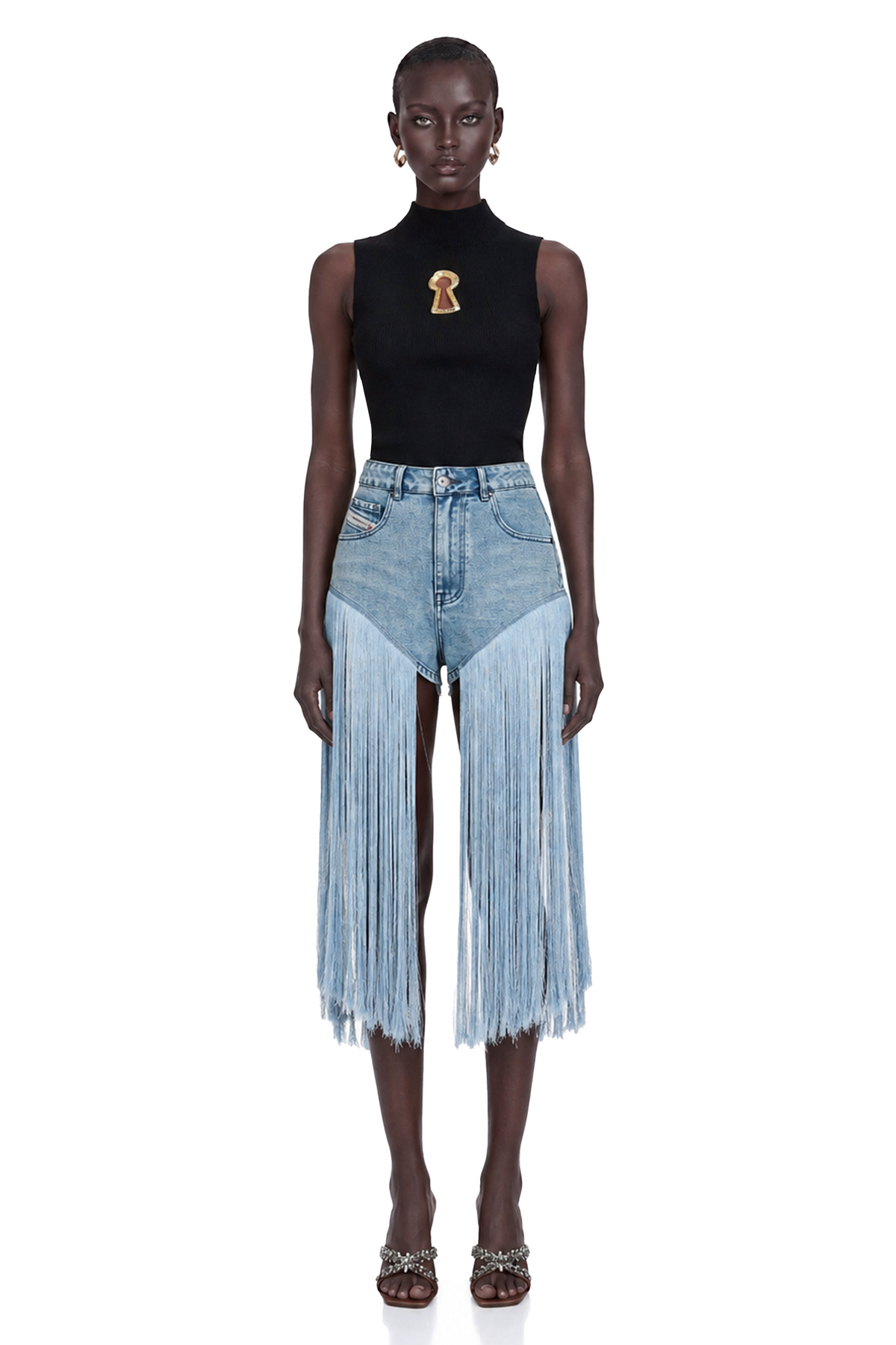martina blue fringed panel denim shorts