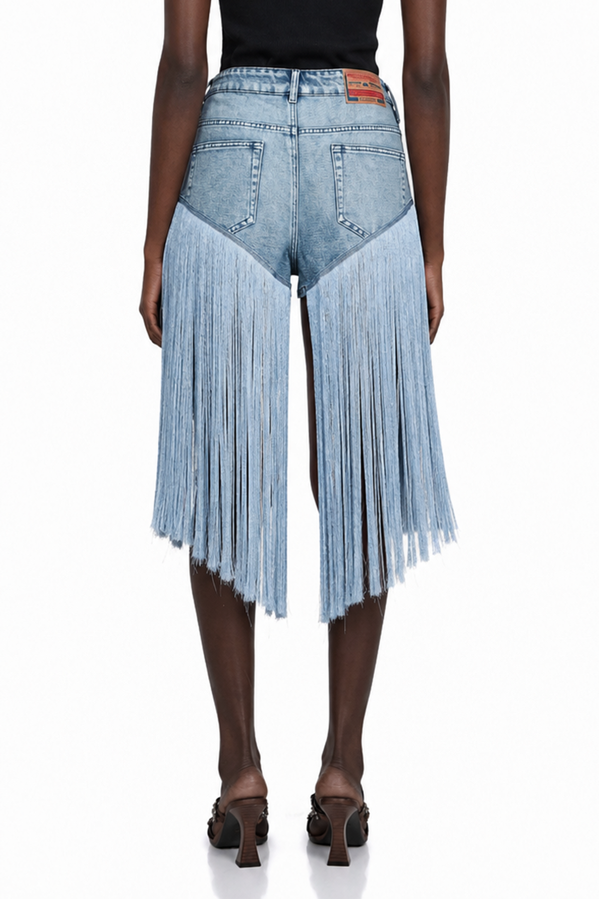 martina blue fringed panel denim shorts
