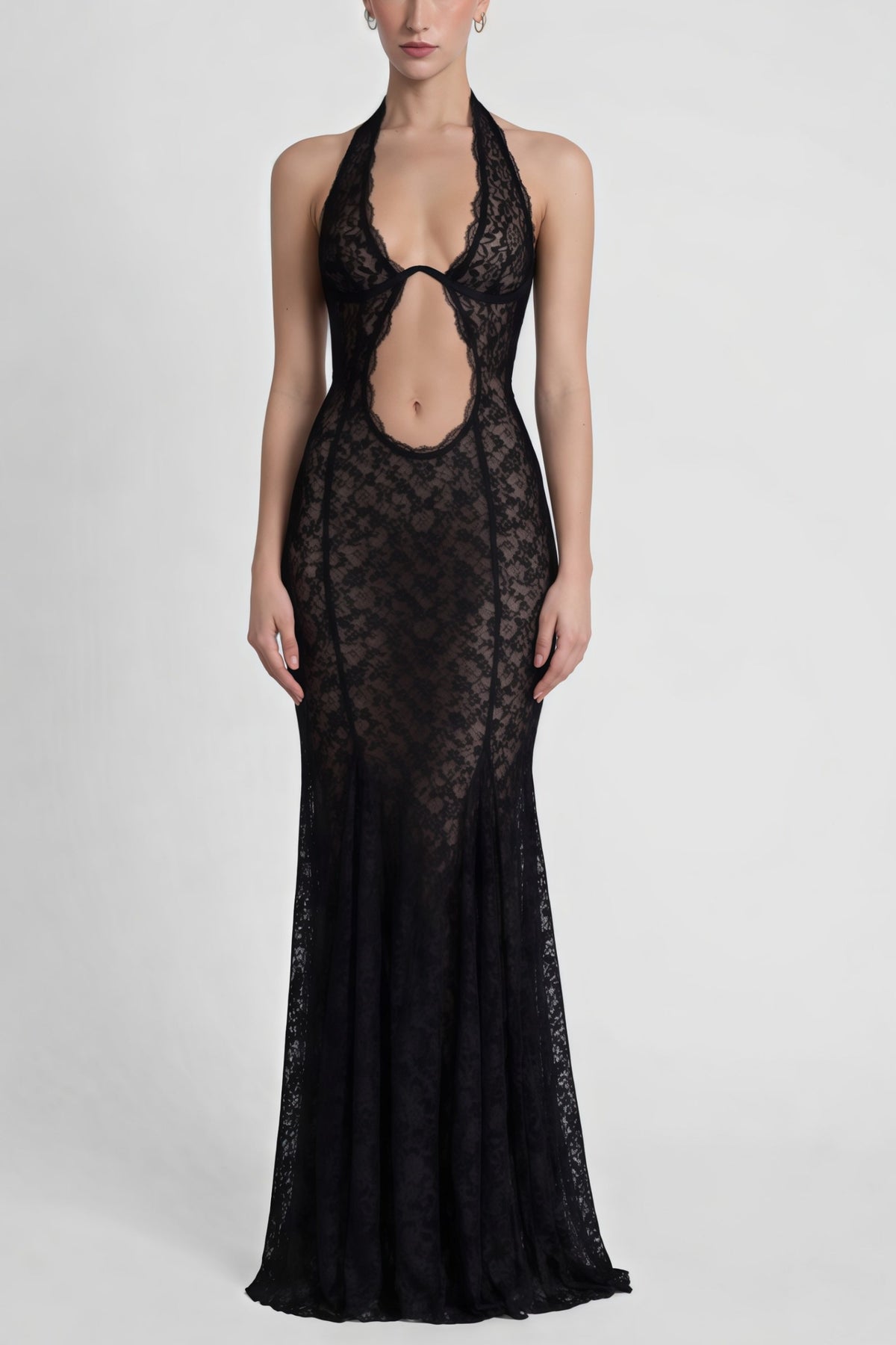 Solange Black Halterneck Floral Lace Maxi Dress