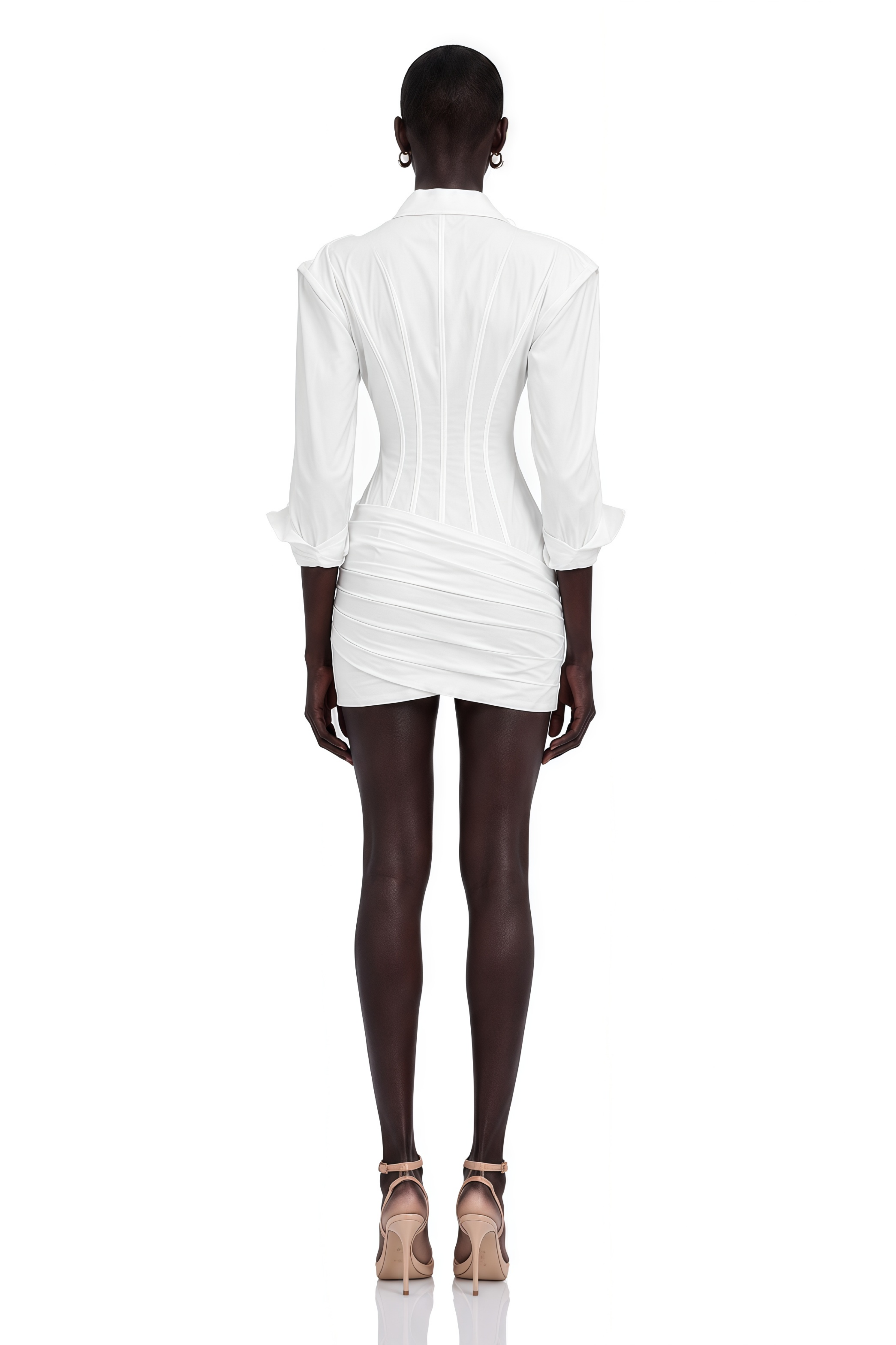 Orlane White Cinched-Waist Pleated Mini Shirt Dress