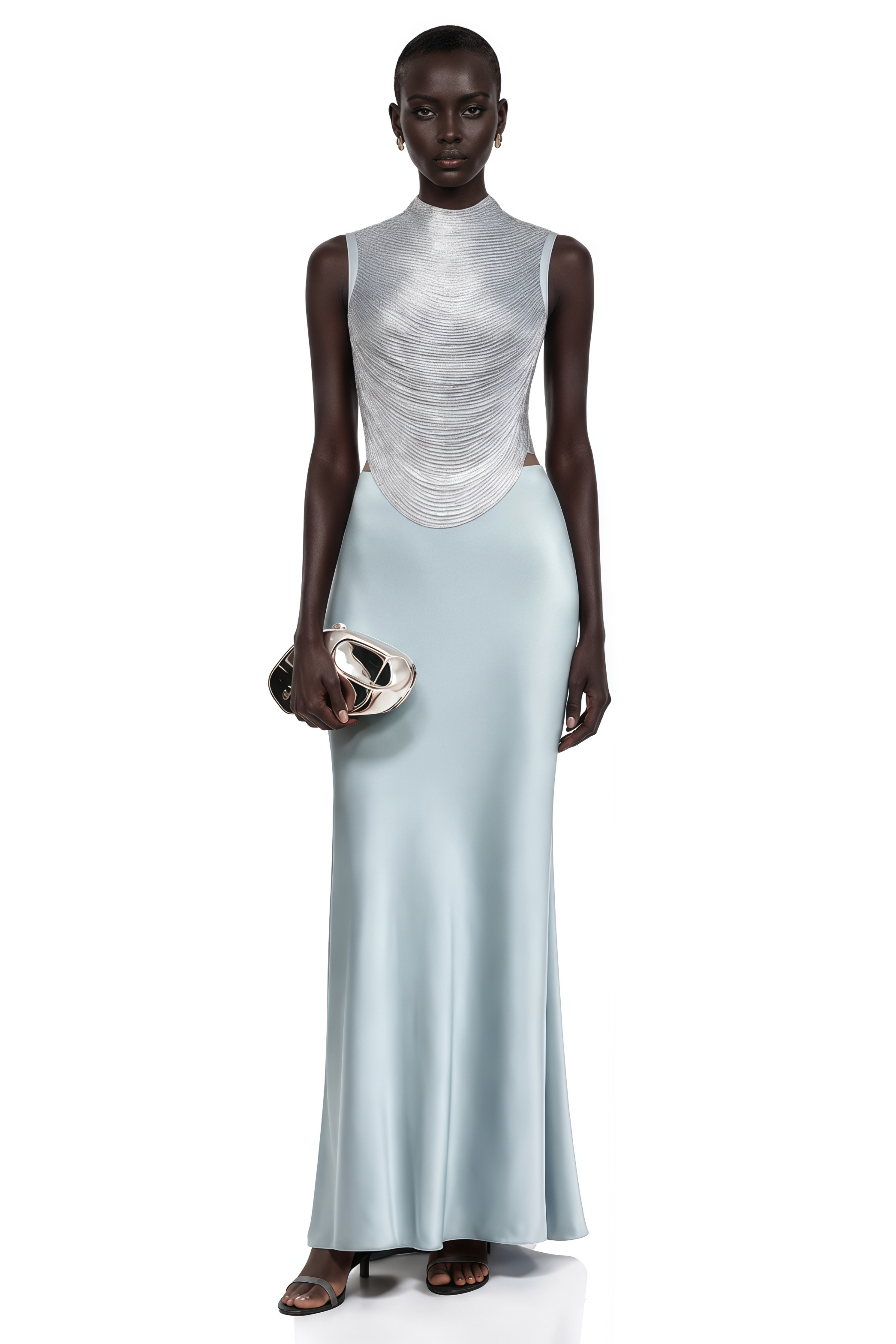 Borbála Blue Fringed Top & Satin Skirt Set