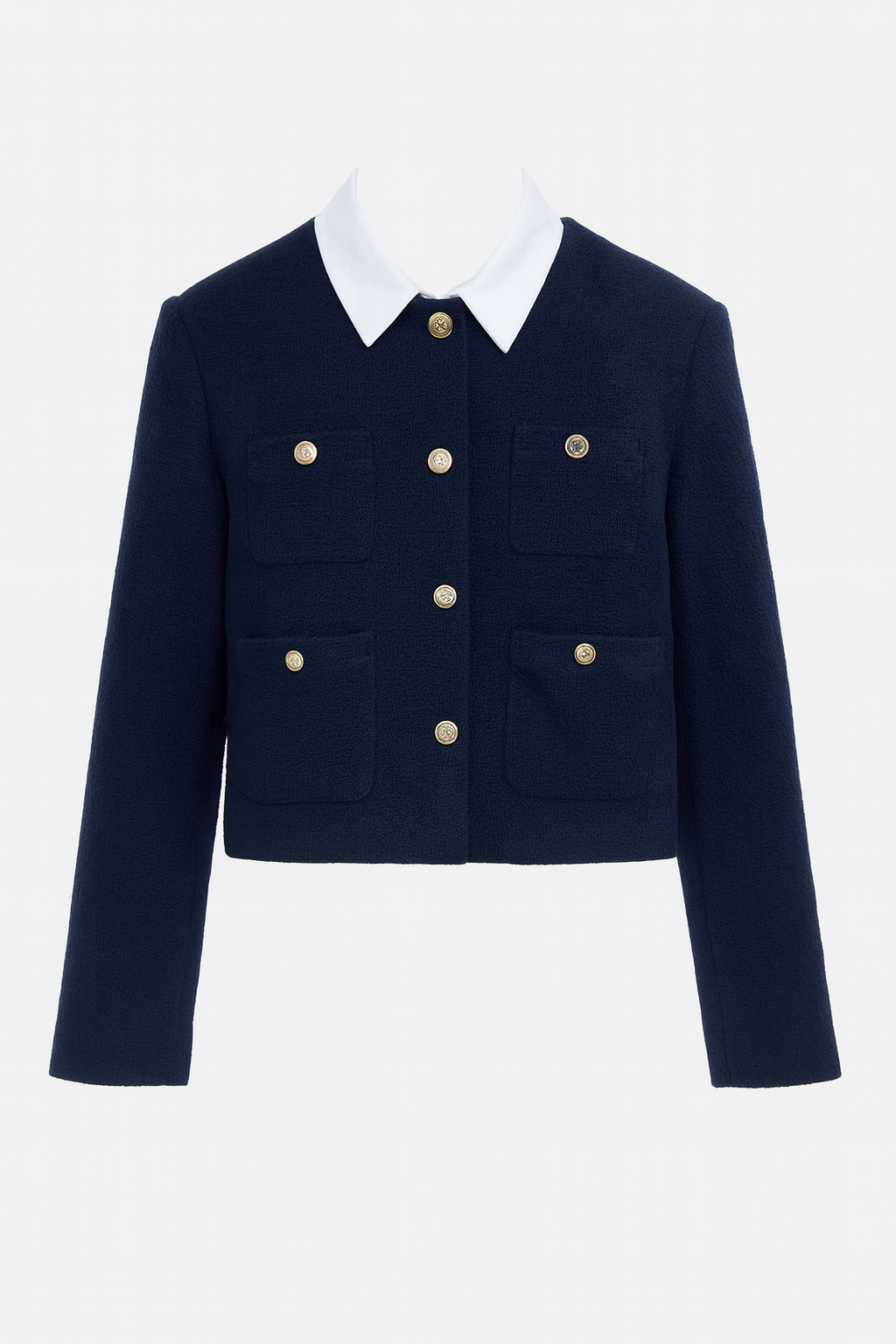 MADDY ELLIOT NAVY CROPPED TWEED JACKET WITH REMOVABLE CONTRAST COLLAR AND GOLD BUTTONS - NAVY