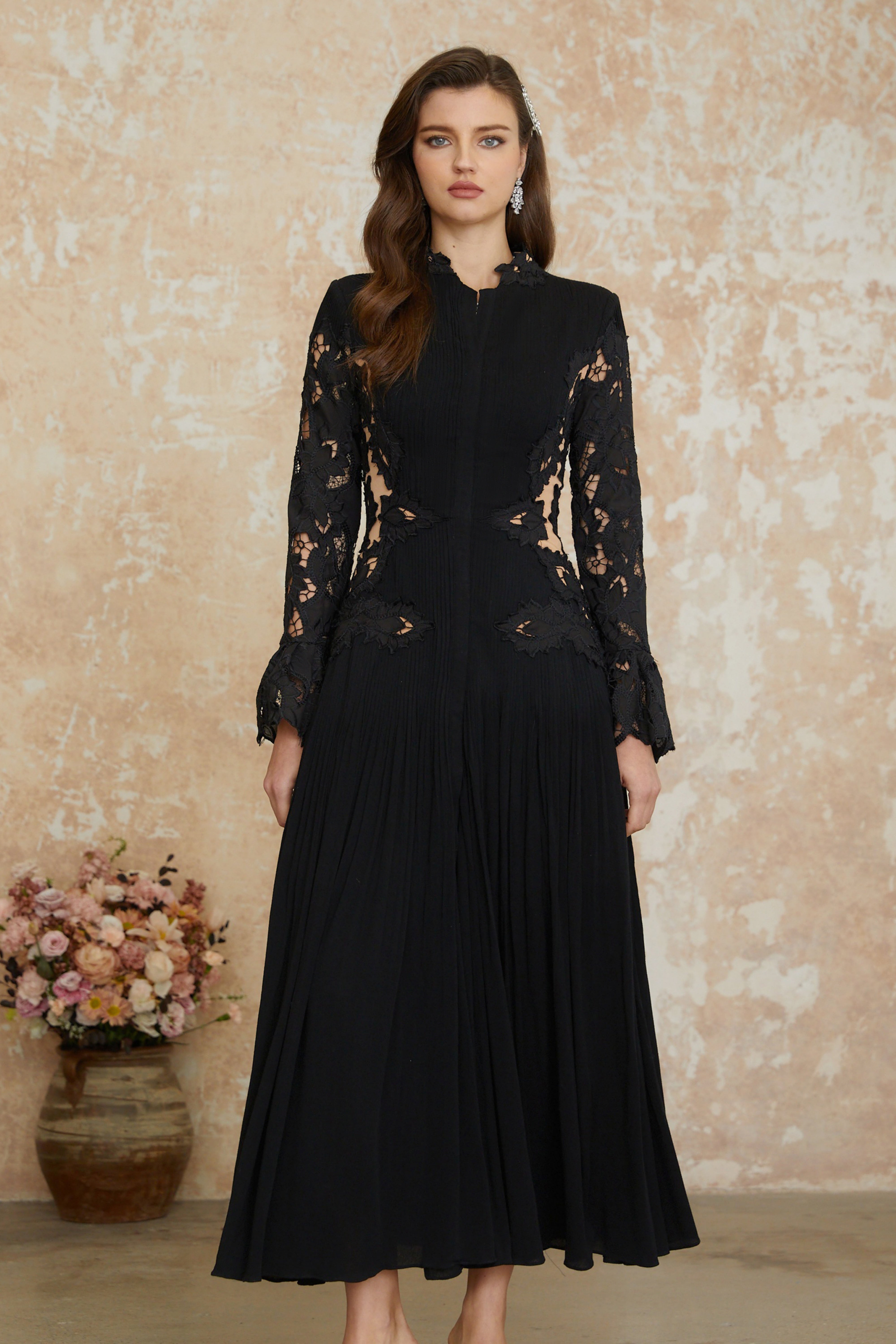 Chiara Black Lace Panel Pleated Midi Dress (Final Sale-US Only)