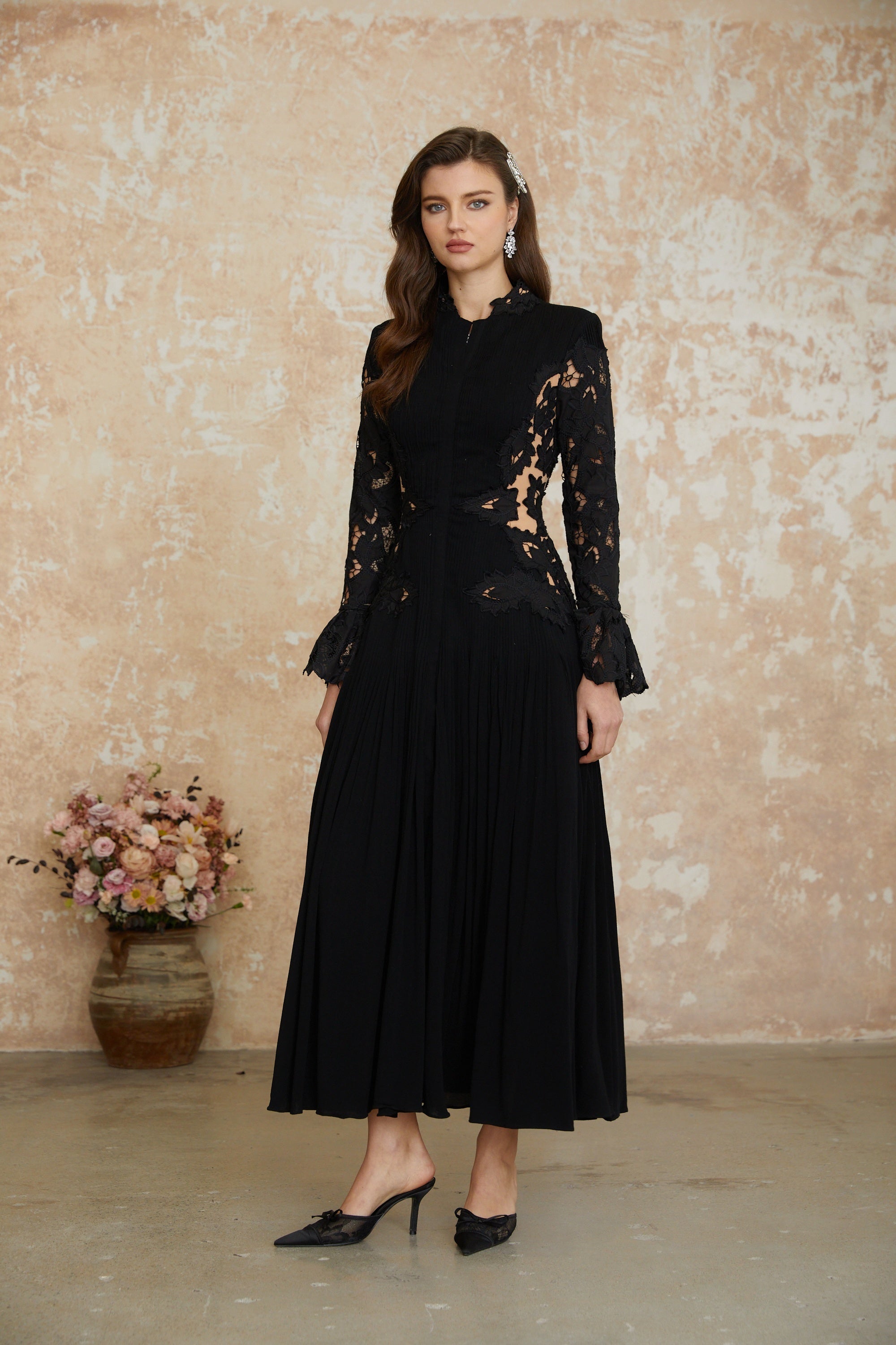 Chiara Black Lace Panel Pleated Midi Dress (Final Sale-US Only)