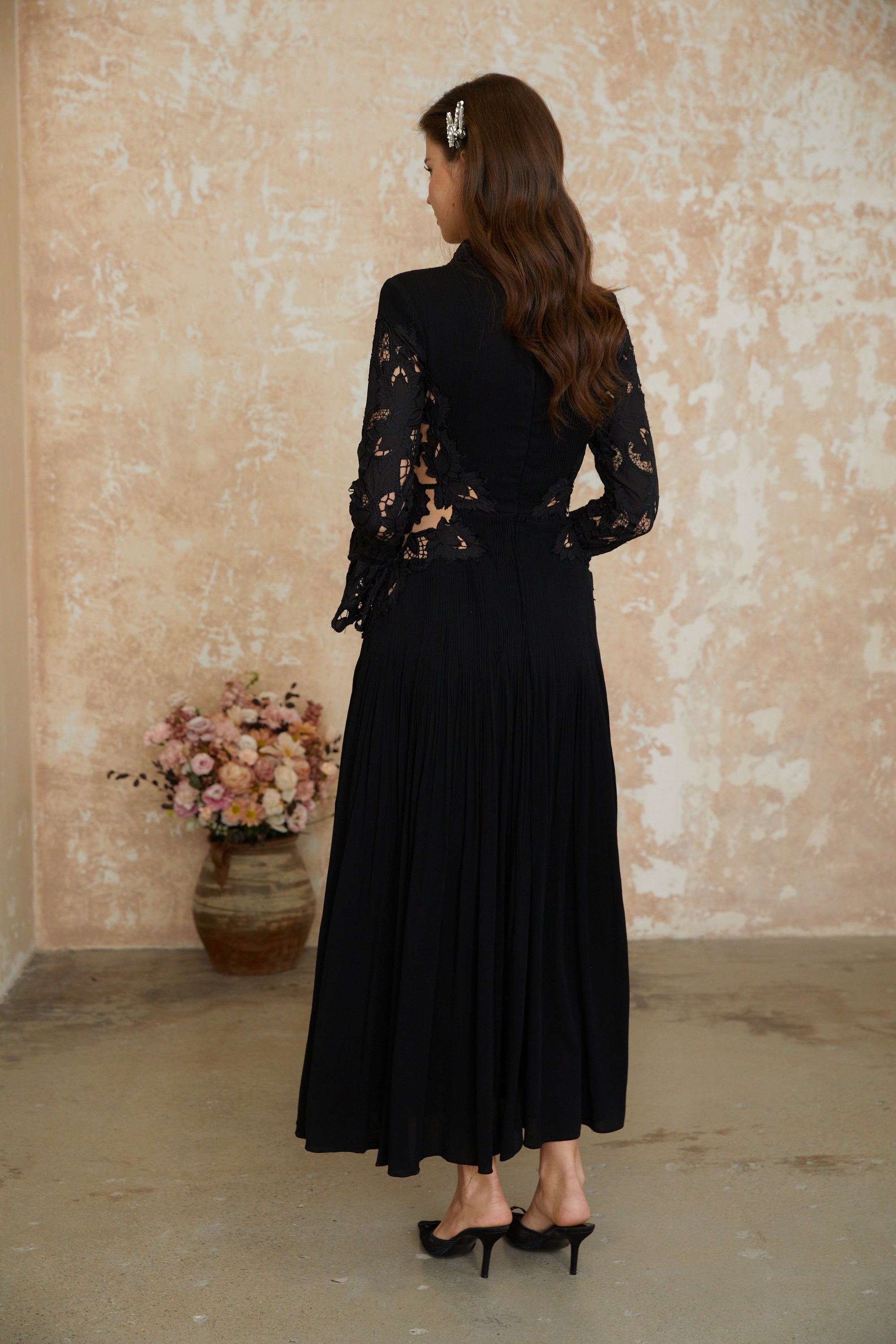 Chiara Black Lace Panel Pleated Midi Dress (Final Sale-US Only)