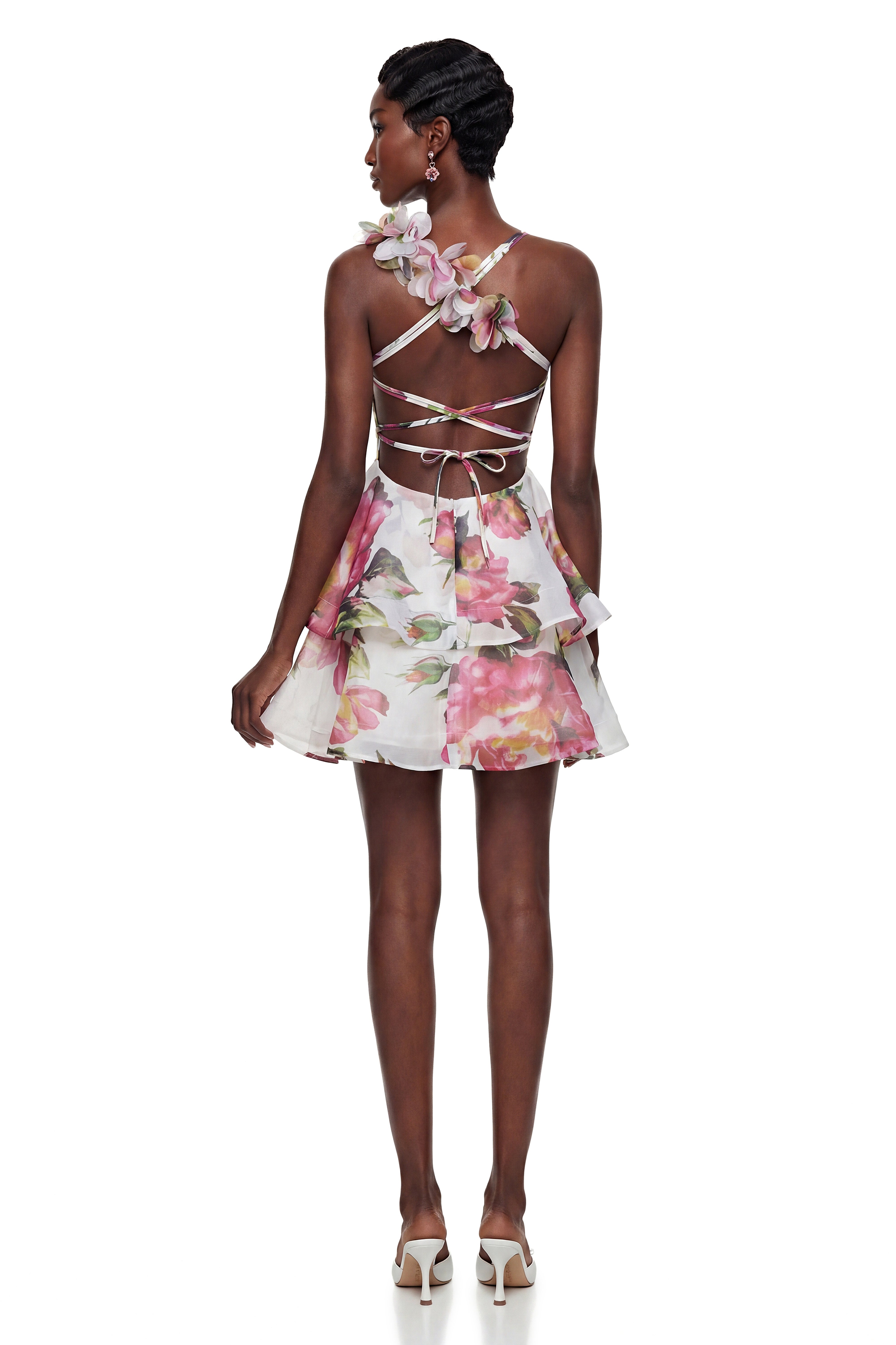 Chione Pink Floral Applique Backless Mini Dress