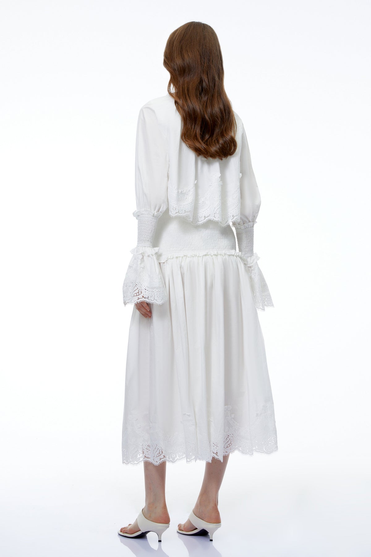 Chloé White Ruched Midi Dress with Lace Panels and Cape