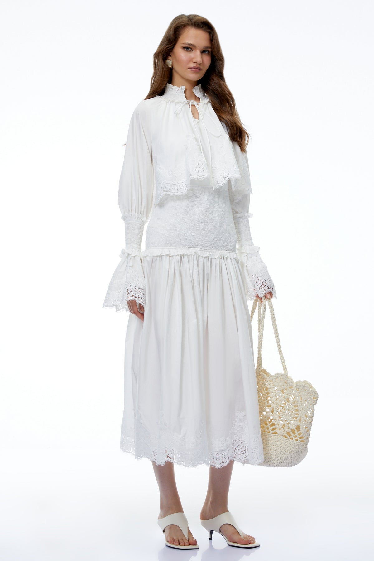 Chloé White Ruched Midi Dress with Lace Panels and Cape