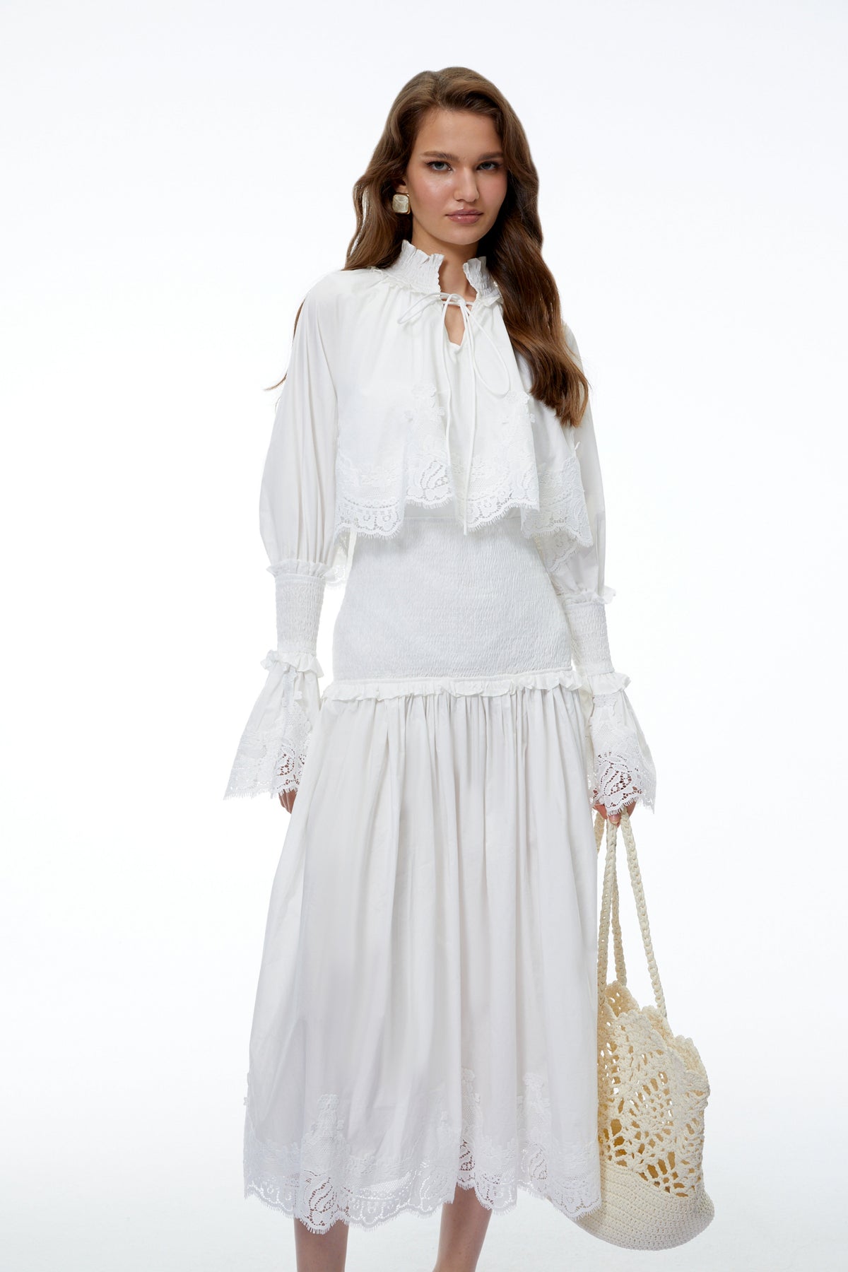 Chloé White Ruched Midi Dress with Lace Panels and Cape