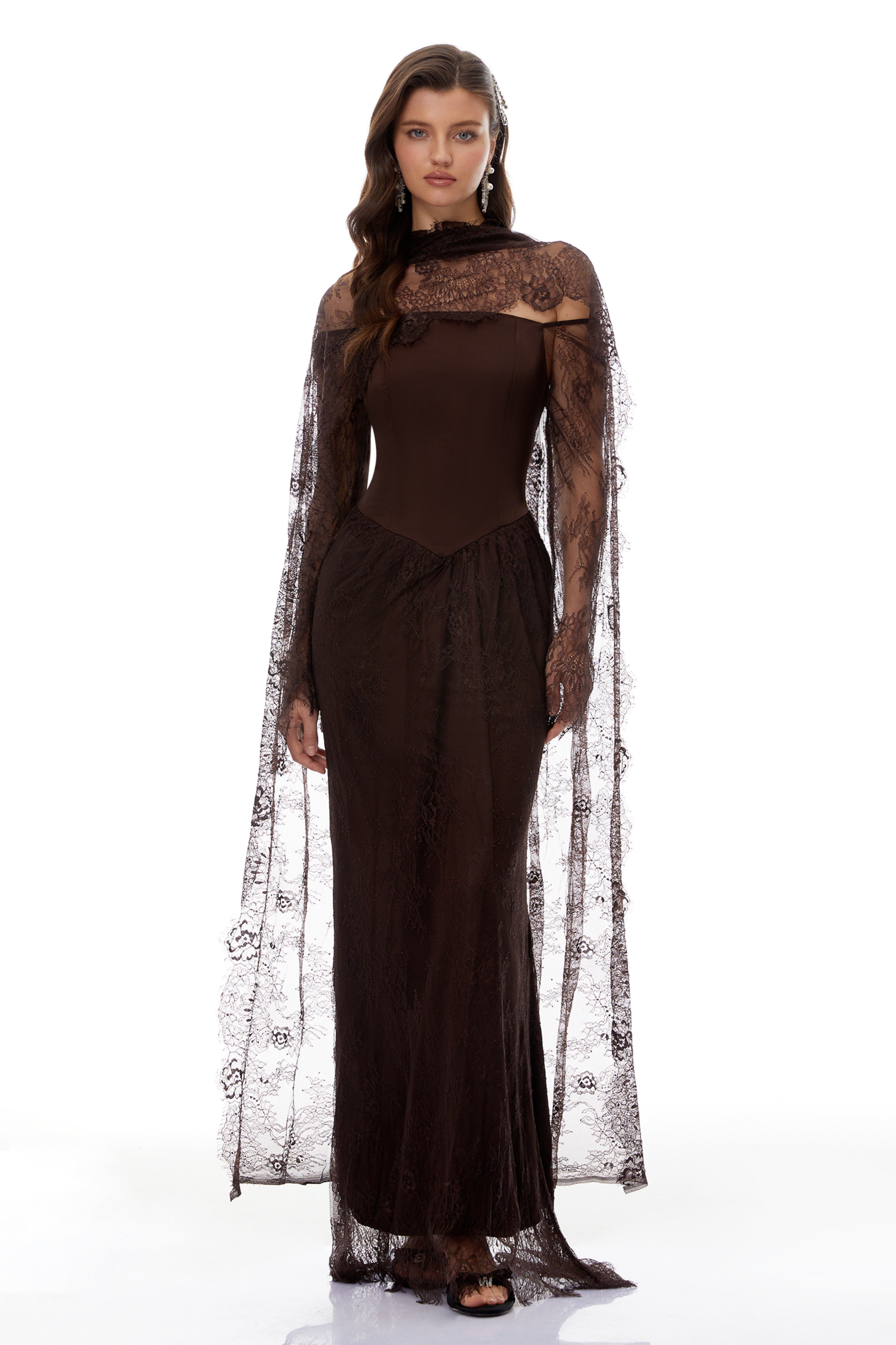 Christa Brown Floral Lace Maxi Dress with Cape (Final Sale-US Only)