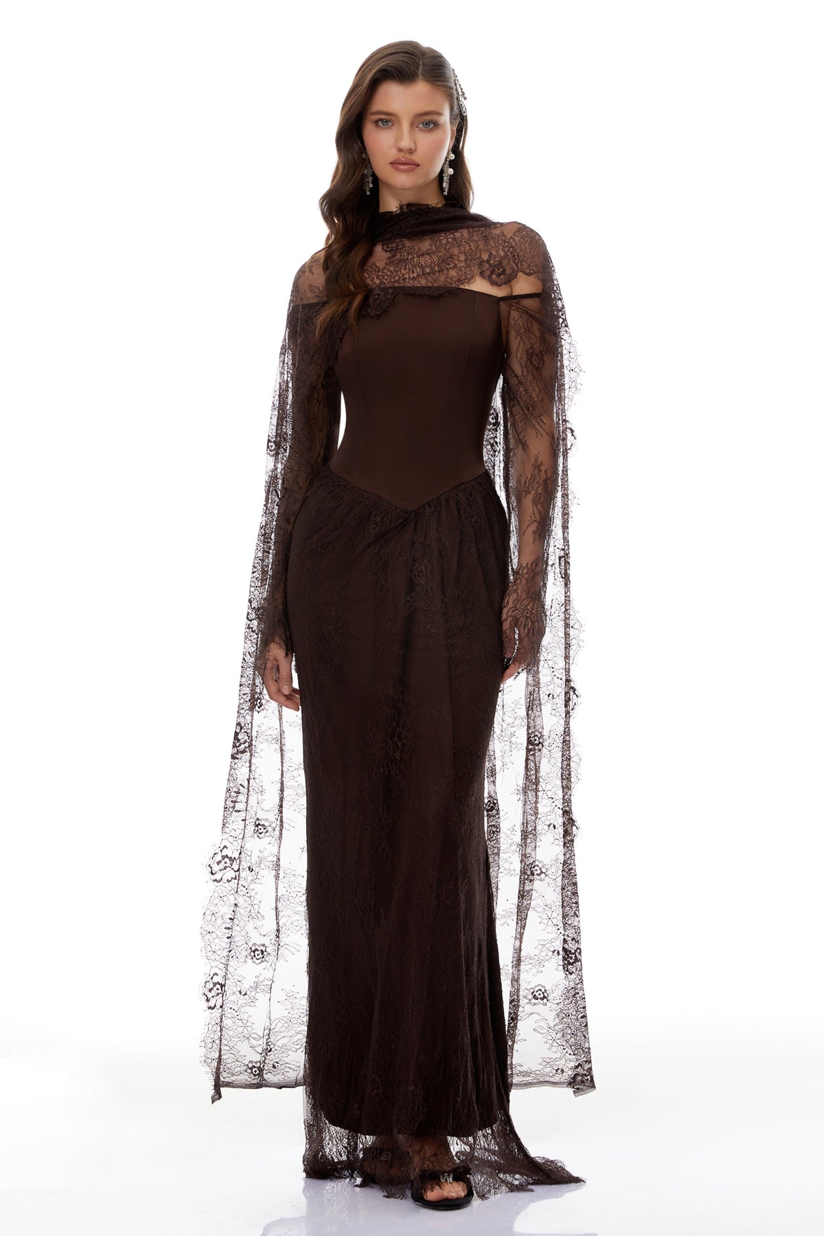 Christa Brown Floral Lace Maxi Dress with Cape