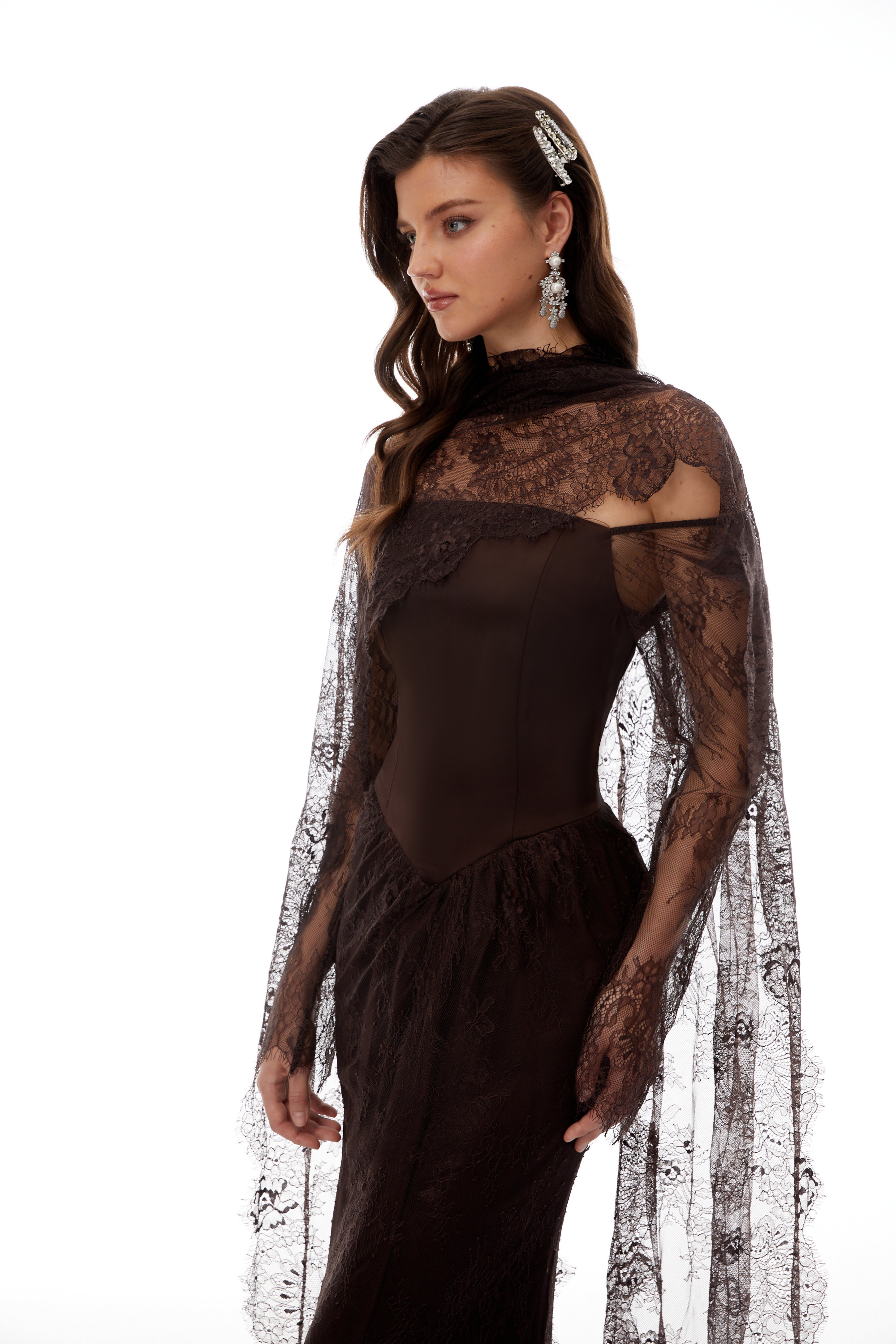 Christa Brown Floral Lace Maxi Dress with Cape (Final Sale-US Only)