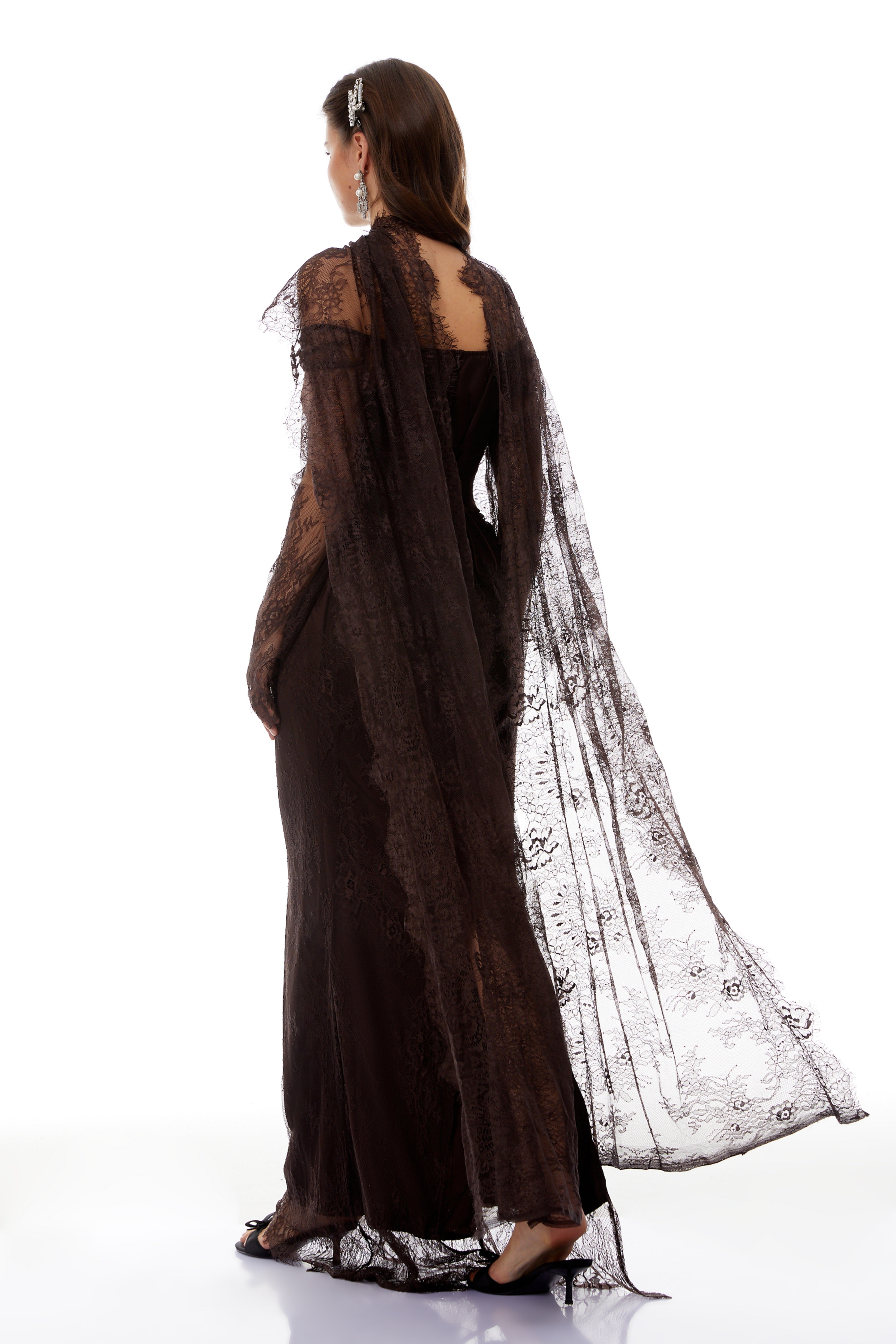Christa Brown Floral Lace Maxi Dress with Cape (Final Sale-US Only)
