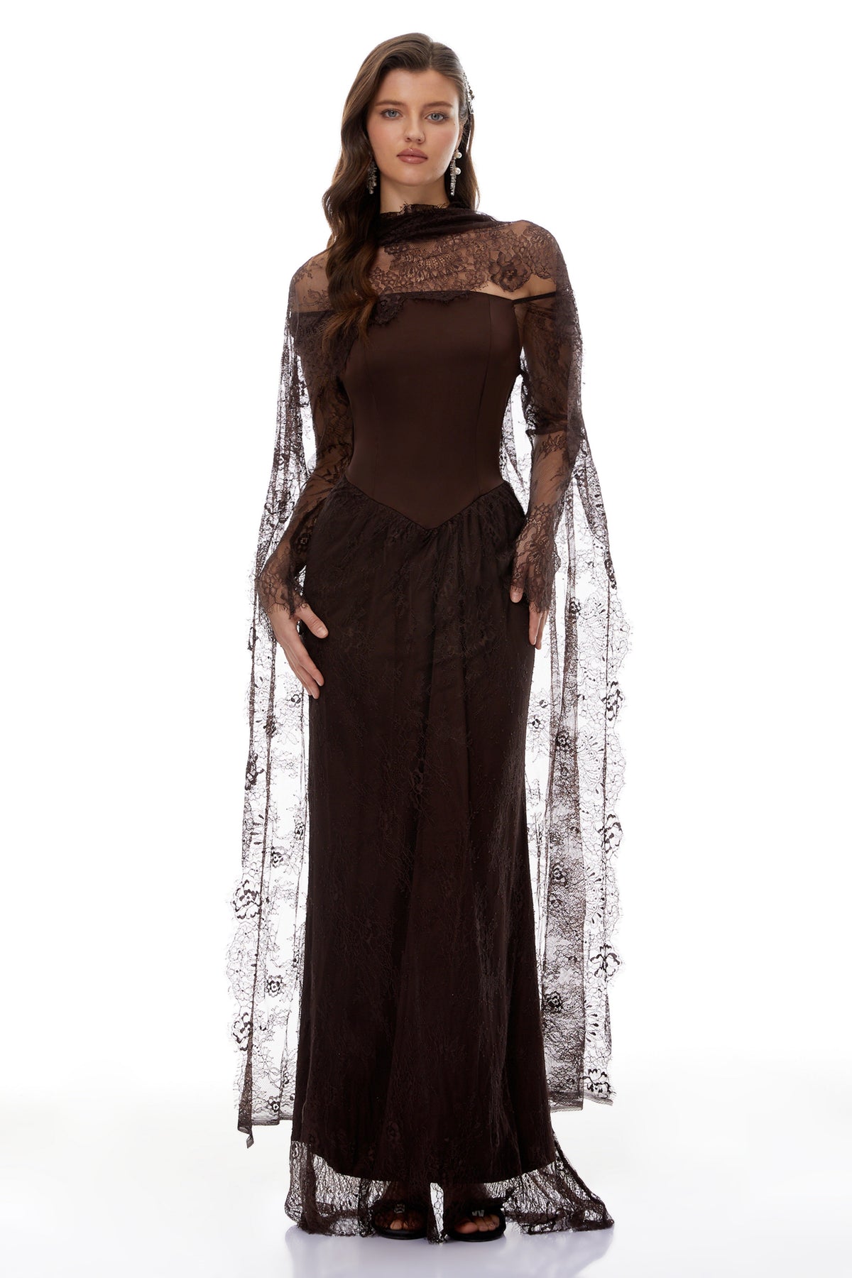 Christa Brown Floral Lace Maxi Dress with Cape