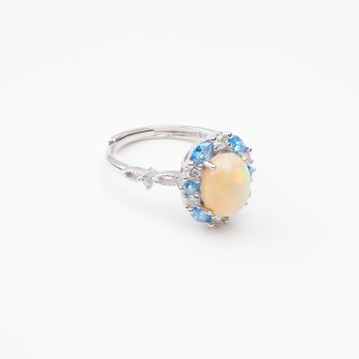 Christine Yellow Opal Oval Cabochon Blue Halo Sterling Silver Ring