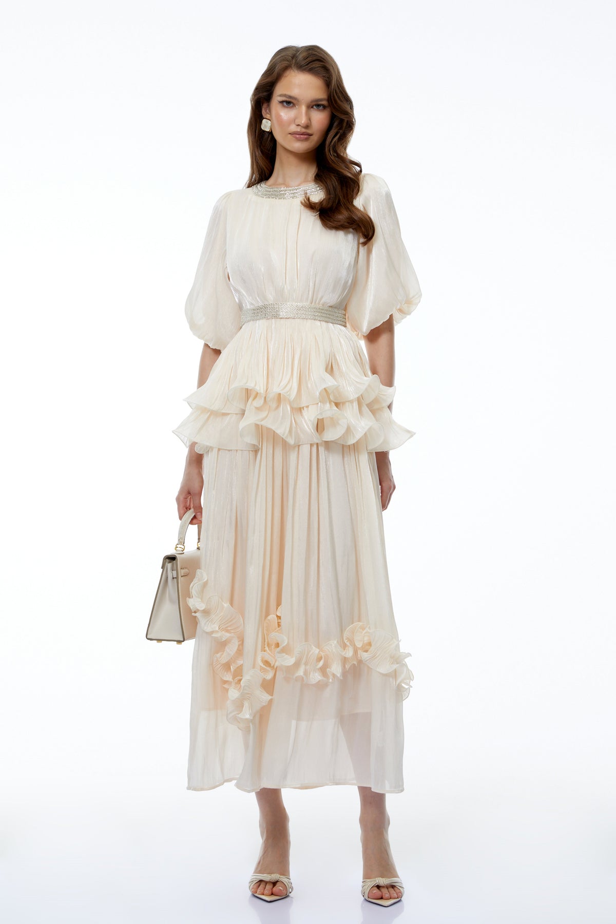 Chryseis Cream Round Neck Ruffled Maxi Dress