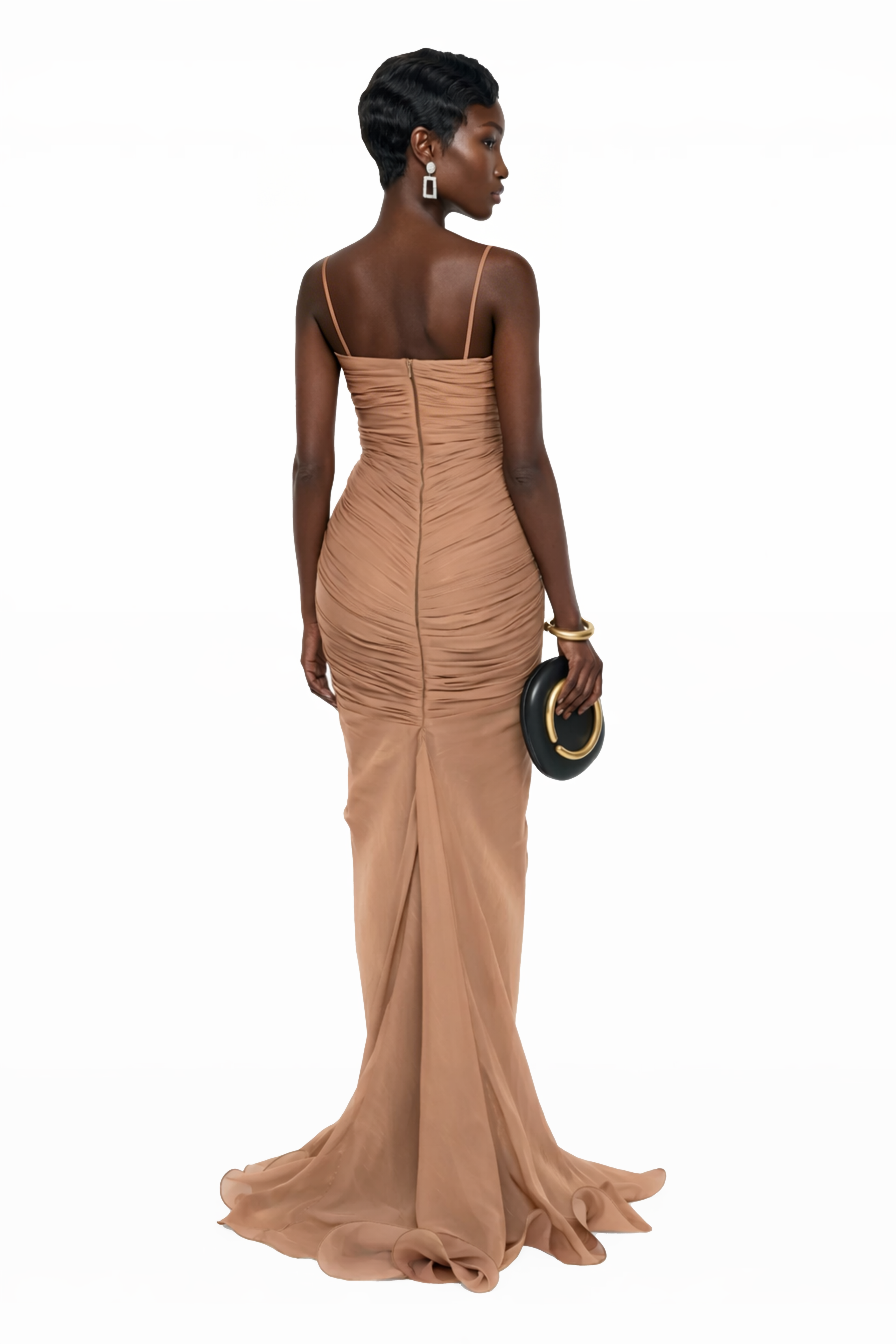 Cíntia Camel Ruched Maxi Dress with 3D Florals