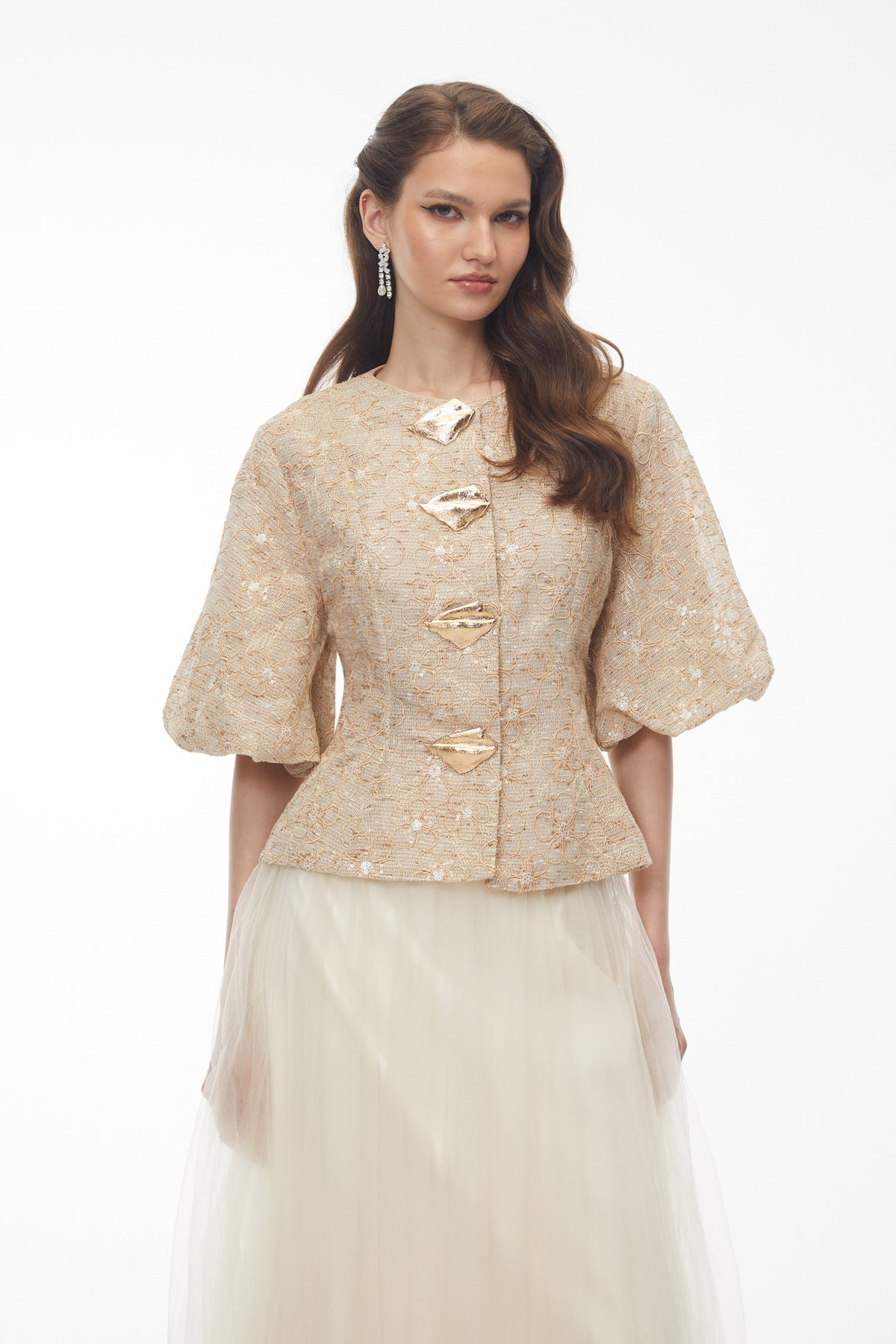 Clara Champagne Floral Embroidered Peplum Jacket