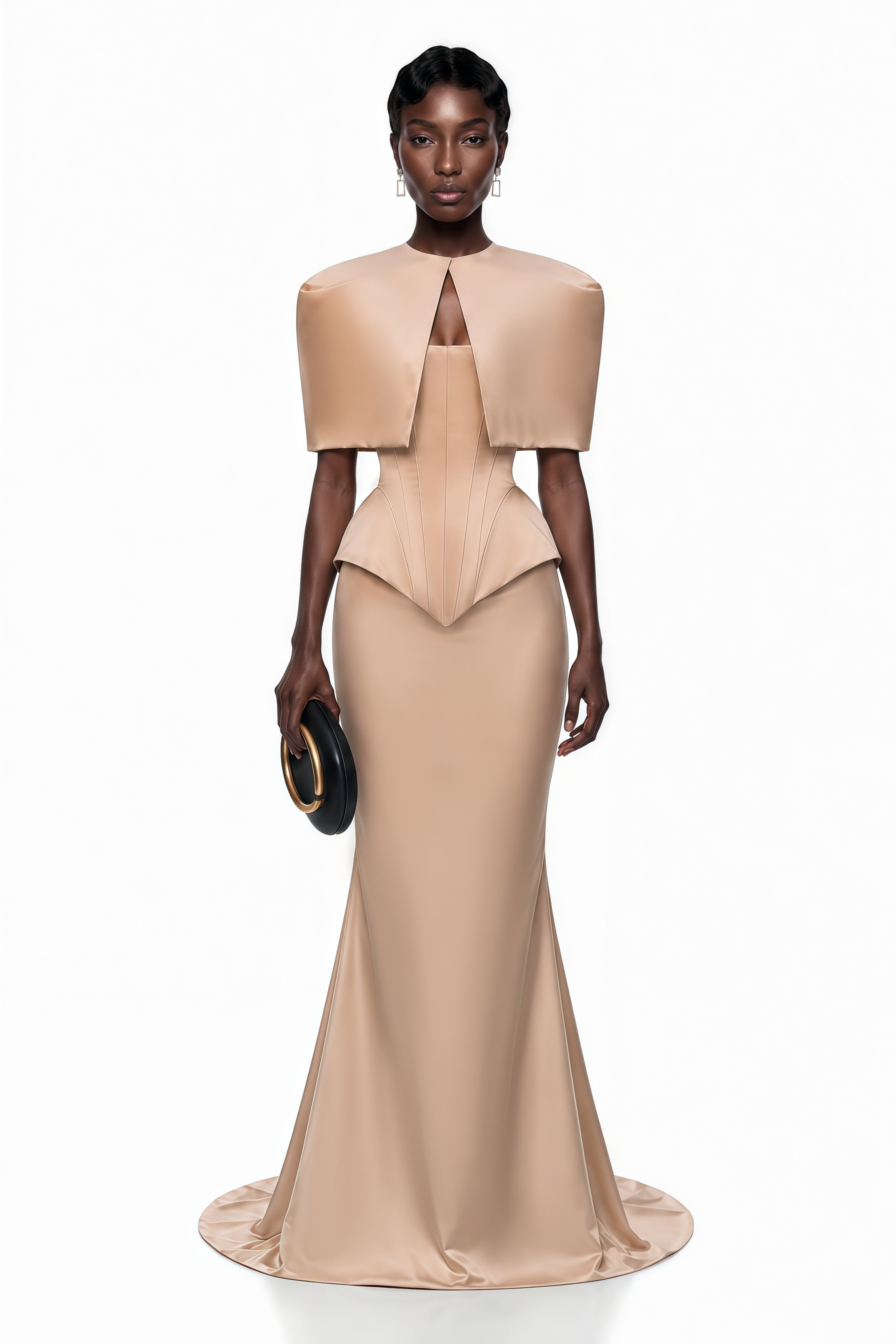 Clara Khaki Corset Top & Skirt Set With Cape