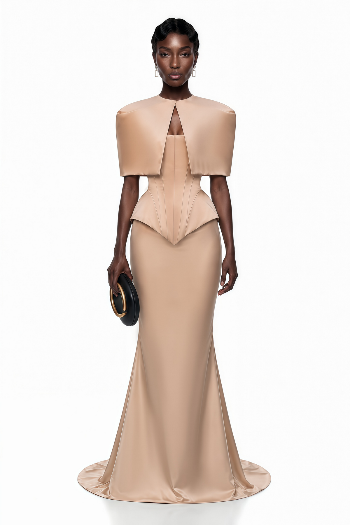 Clara Khaki Corset Top & Skirt Set With Cape