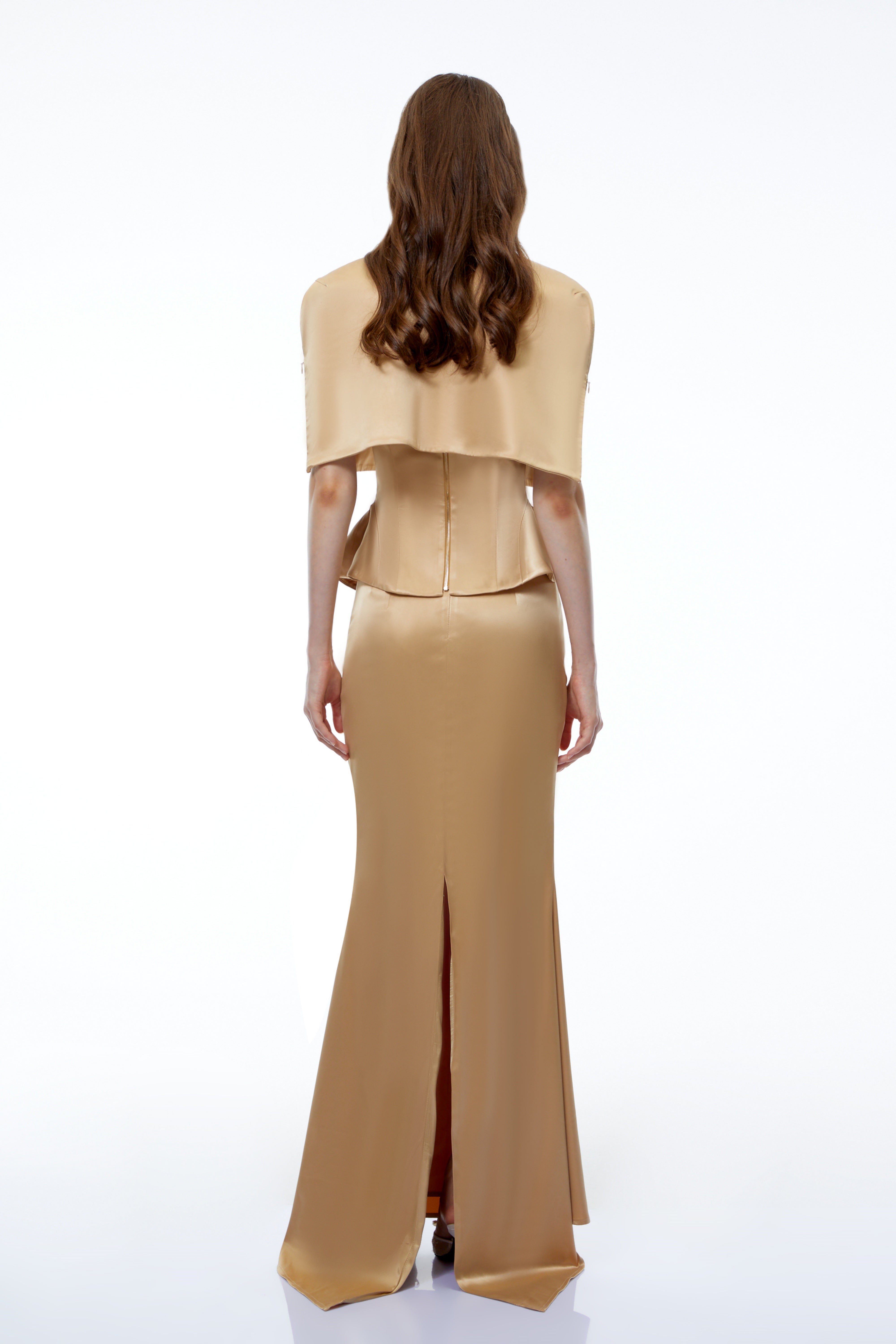 Clara Khaki Corset Top & Skirt Set With Cape