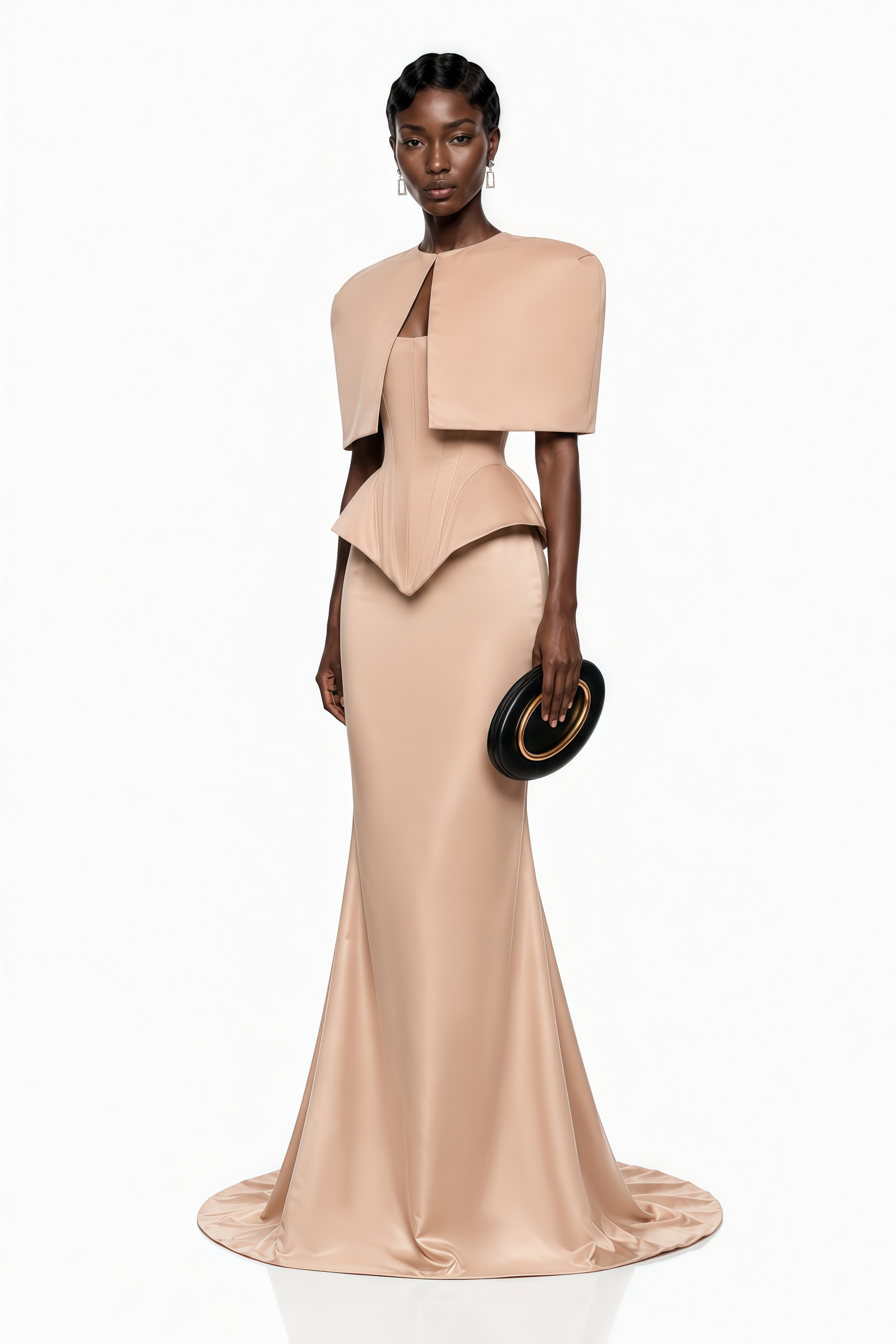 Clara Khaki Corset Top & Skirt Set With Cape