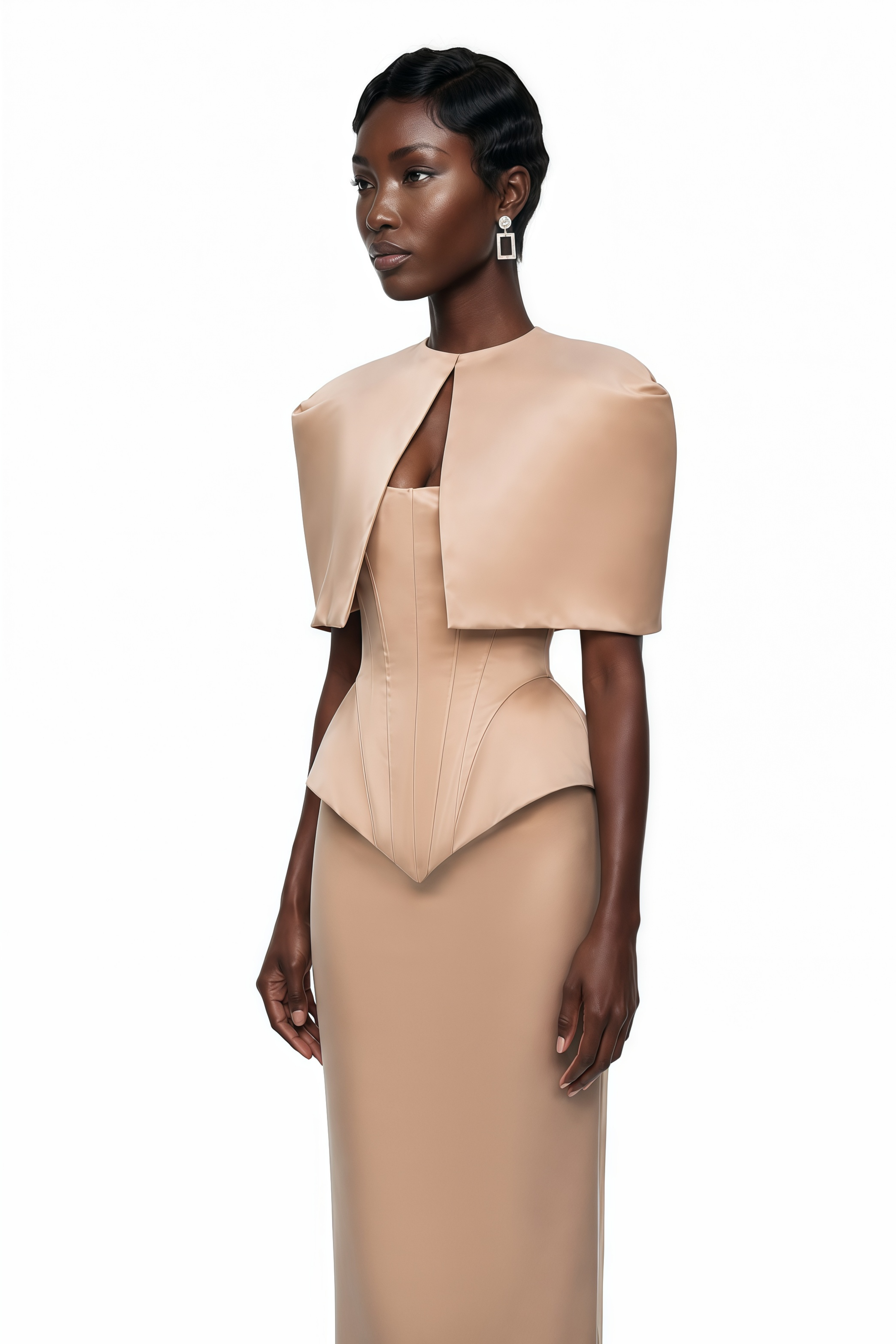 Clara Khaki Corset Top & Skirt Set With Cape