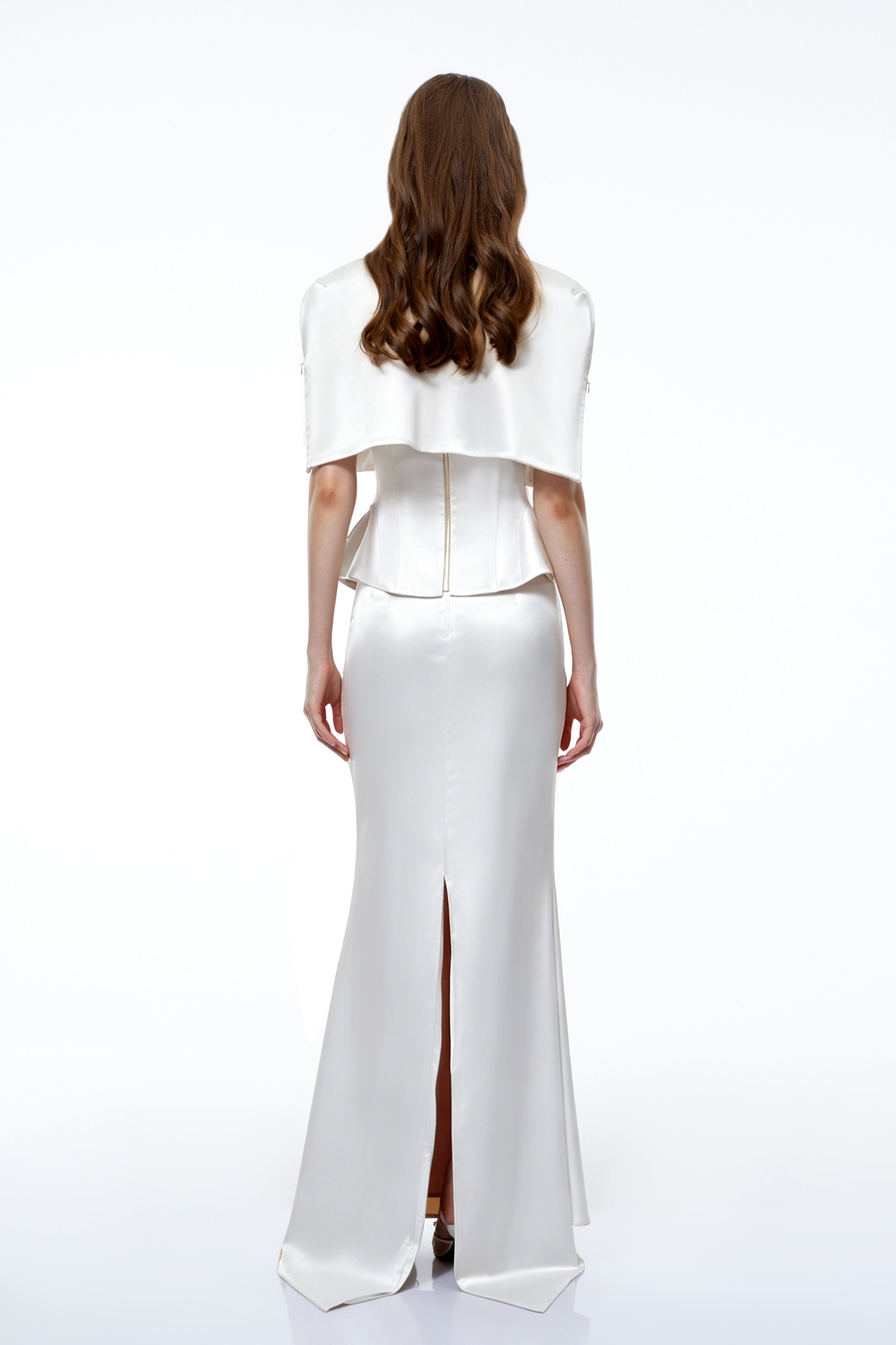 Clara White Corset Top & Skirt Set With Cape