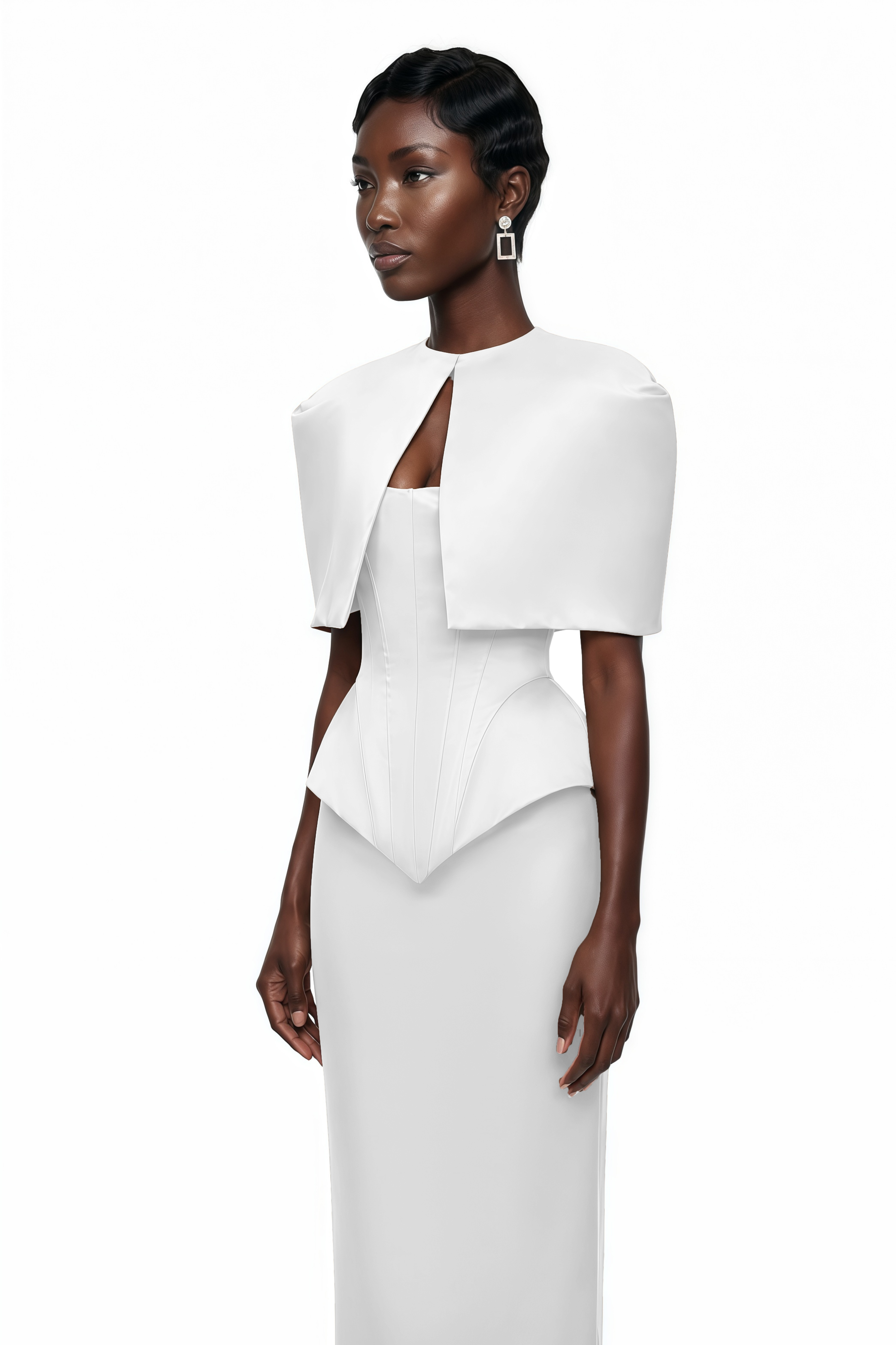 Clara White Corset Top & Skirt Set With Cape