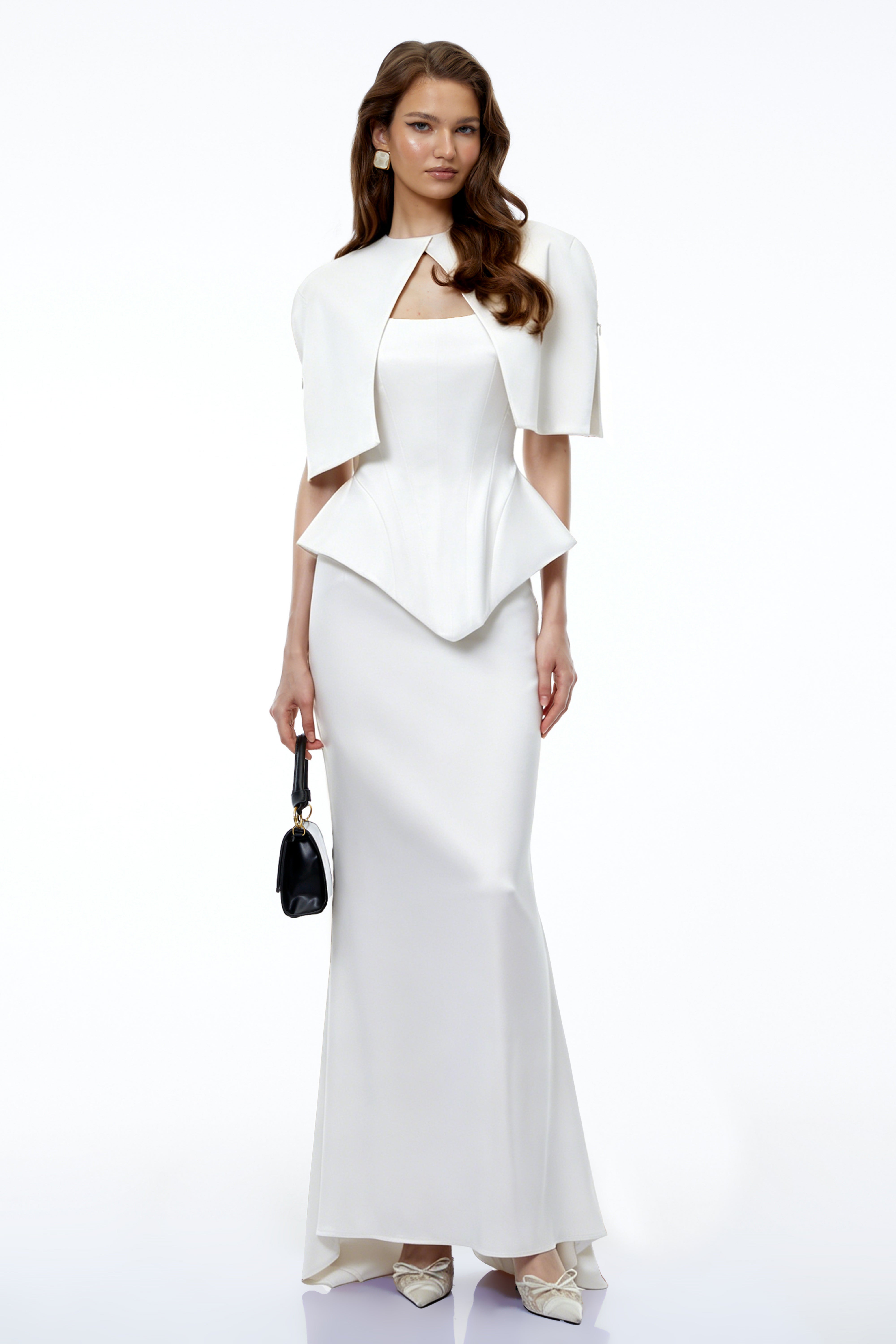 Clara White Corset Top & Skirt Set With Cape