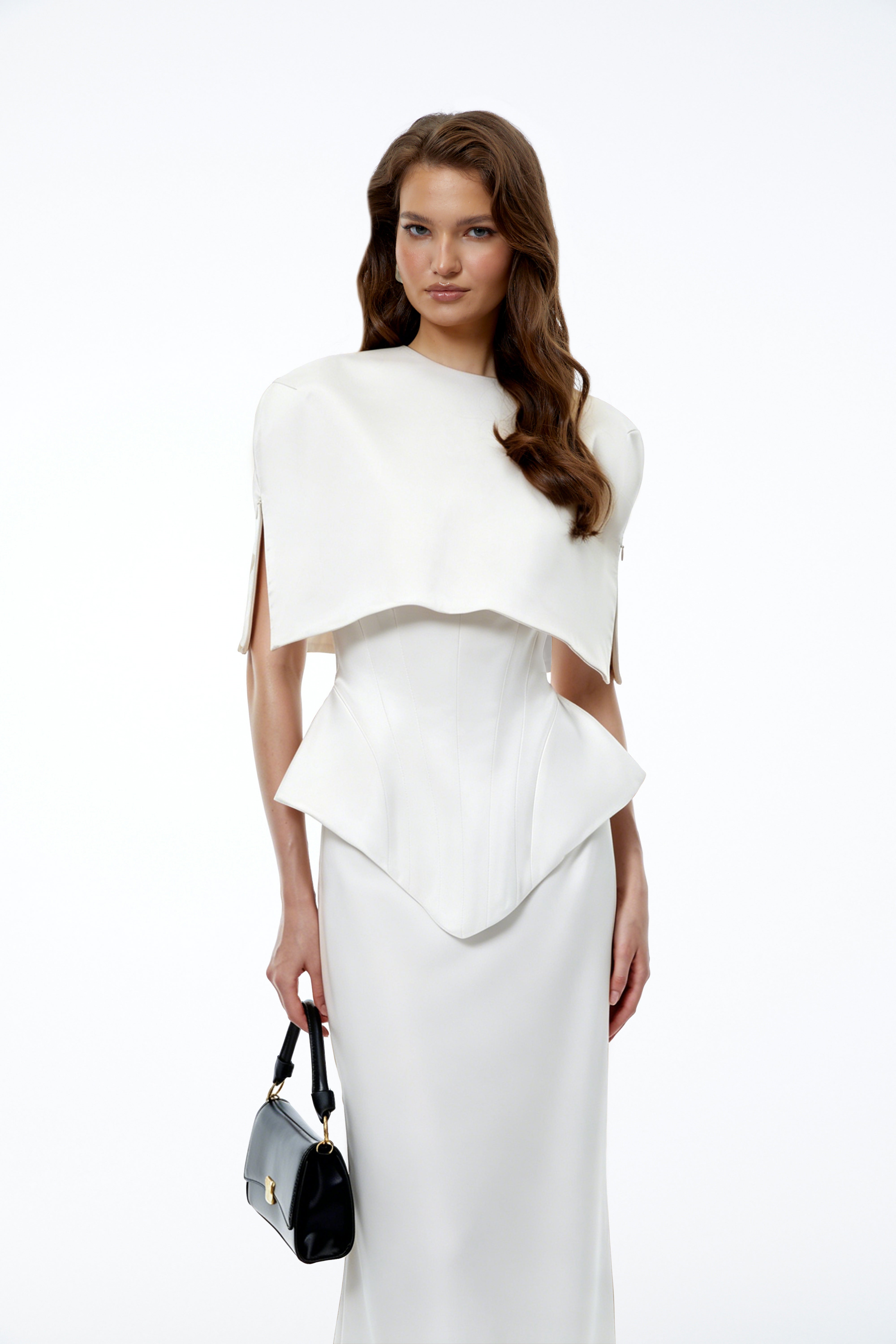 Clara White Corset Top & Skirt Set With Cape