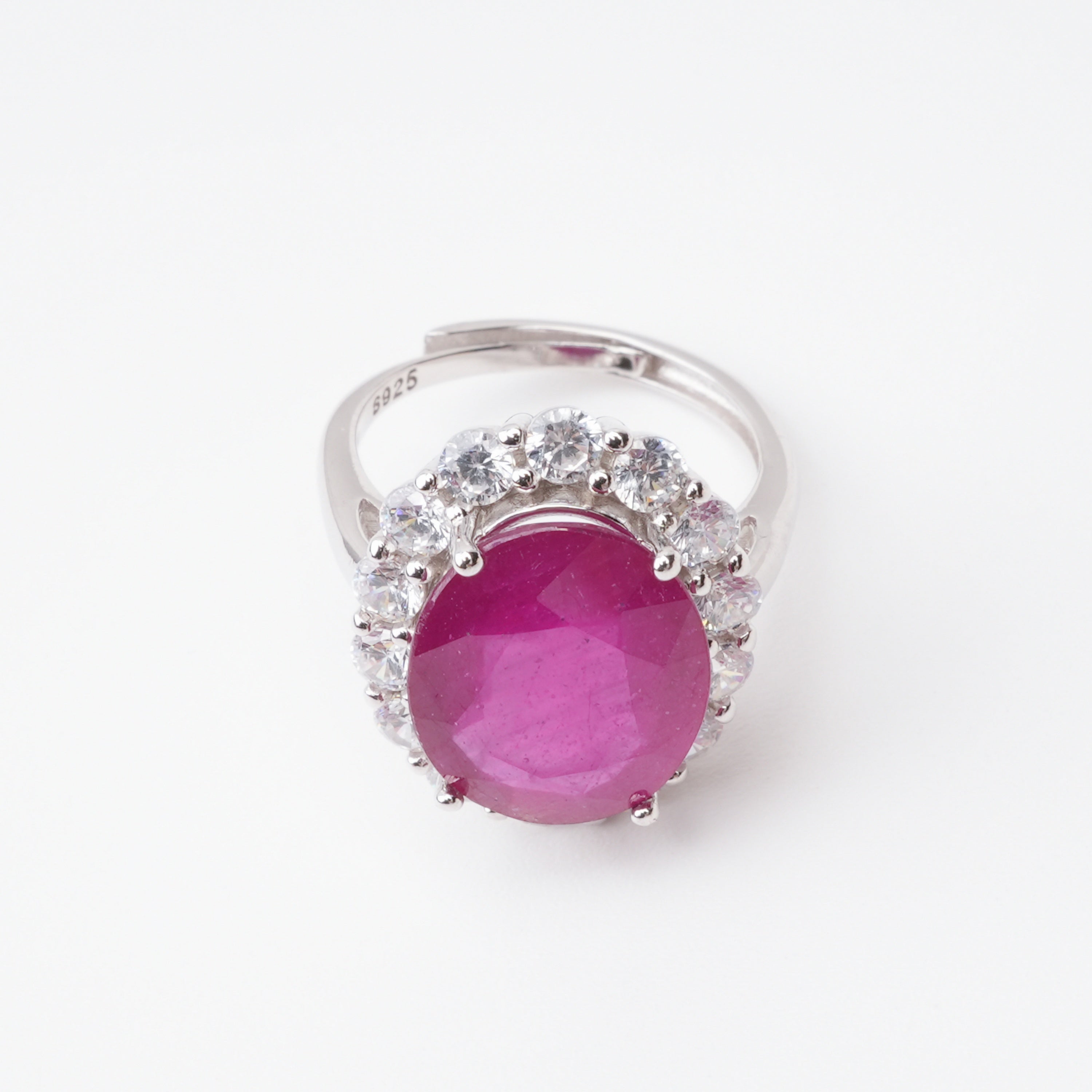 Clarisse Magenta Ruby Round Halo Sterling Silver Ring