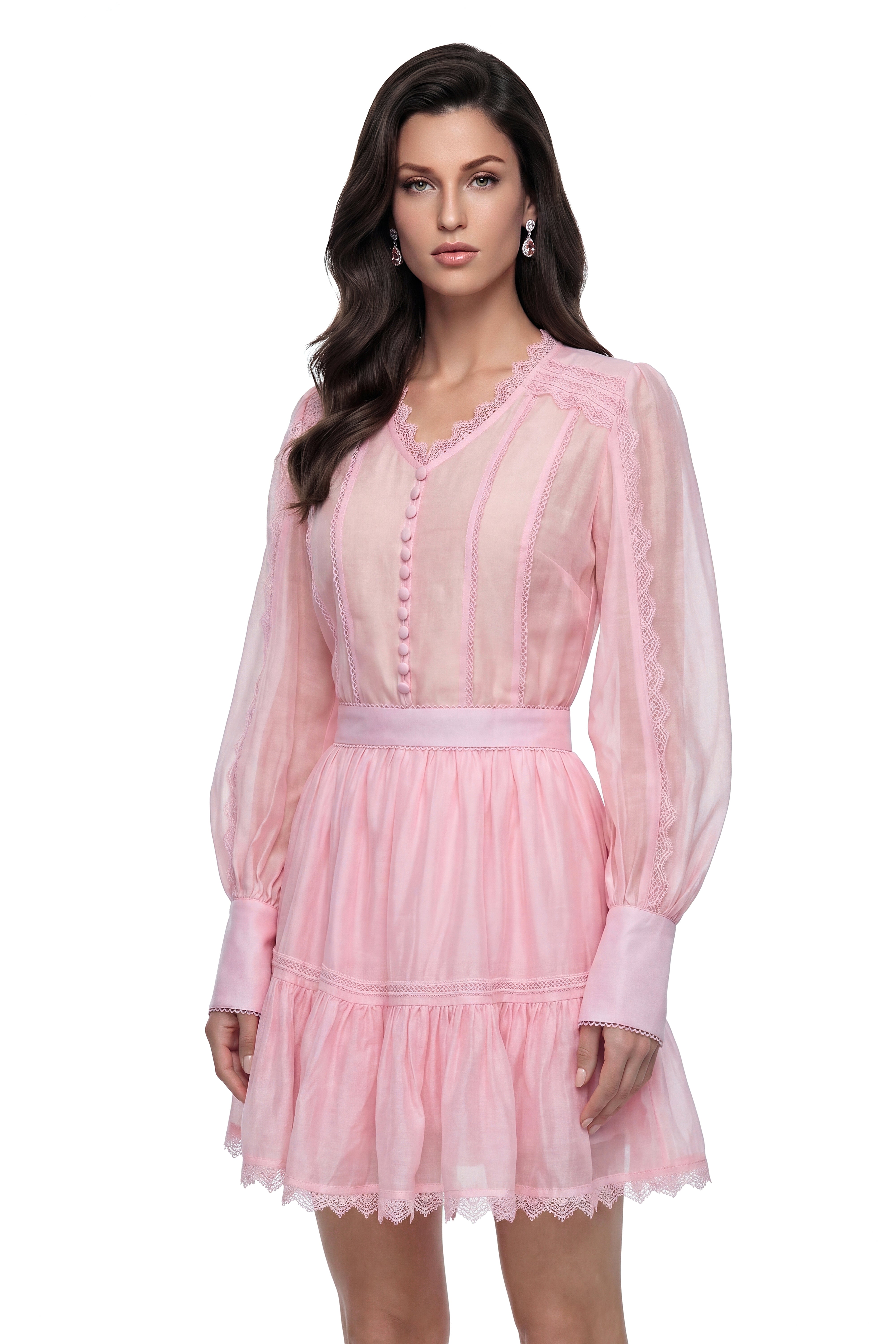 Clytemnestra Pink Puff Sleeve Lace Top & Skirt Set