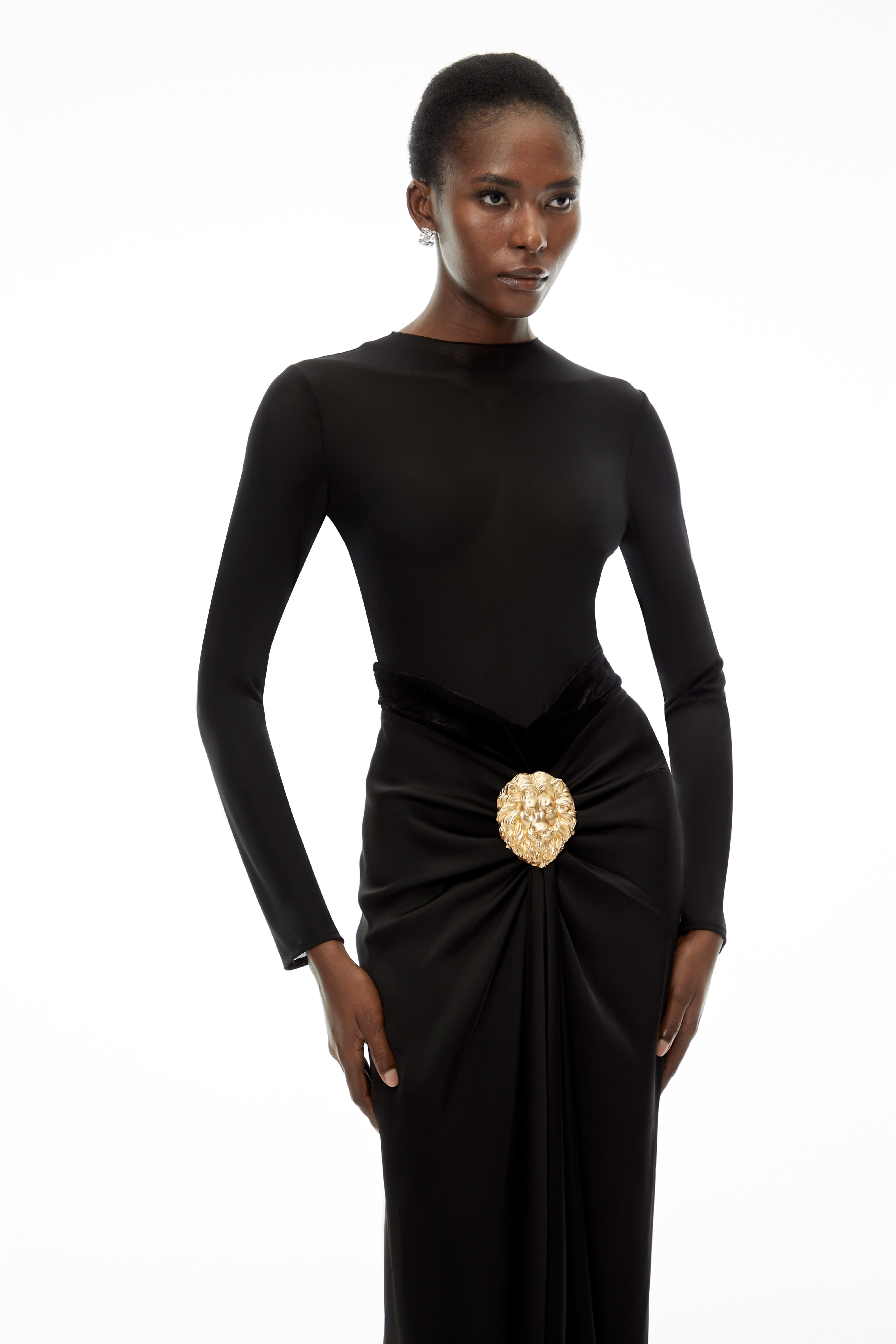 Colette Black Ruched Maxi Dress with Satin Panels