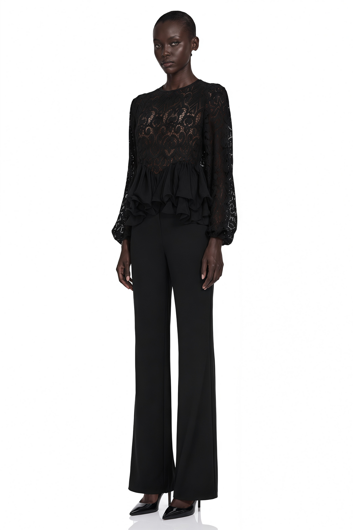 Cora Black Lace Ruffled Blouse