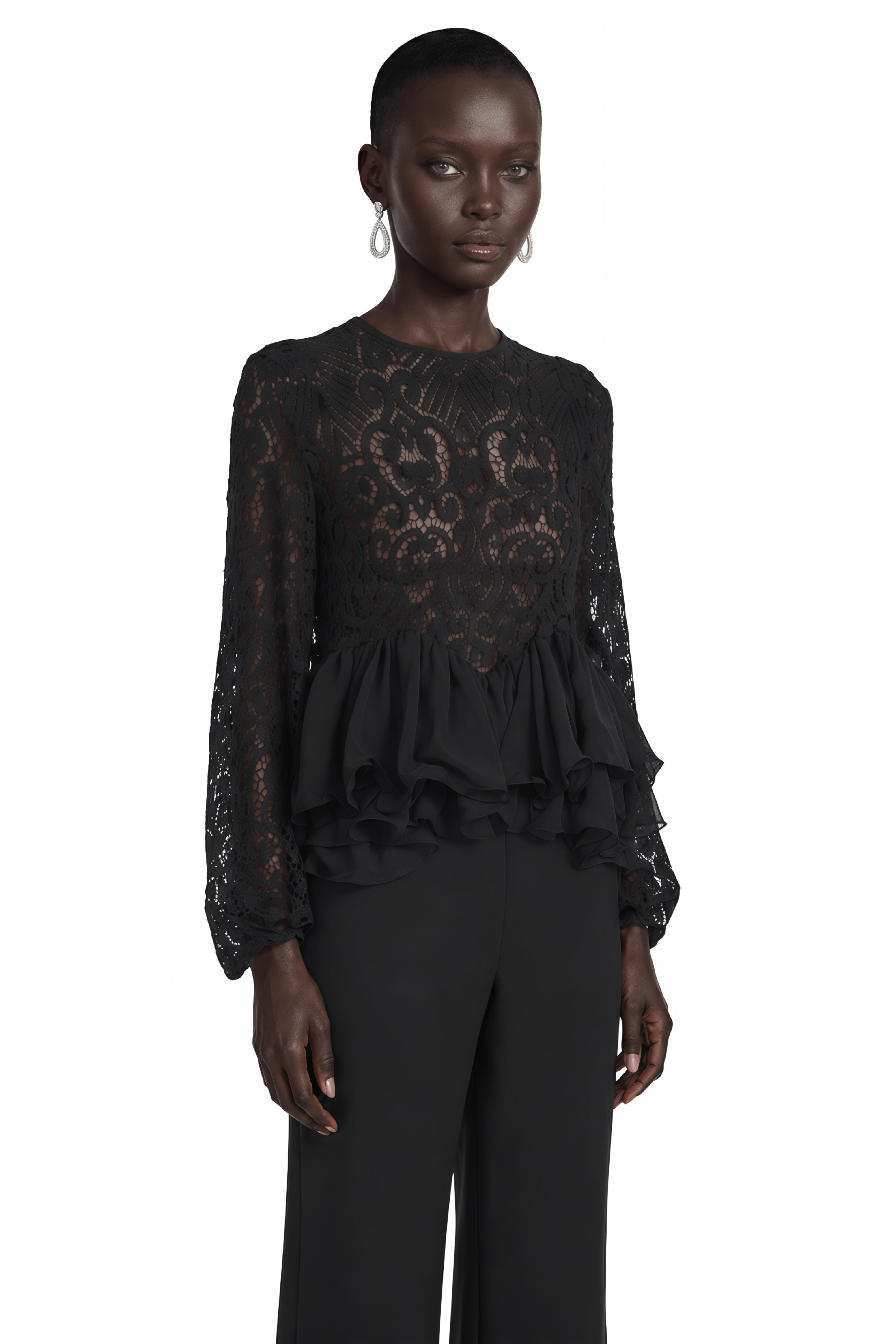 Cora Black Lace Ruffled Blouse